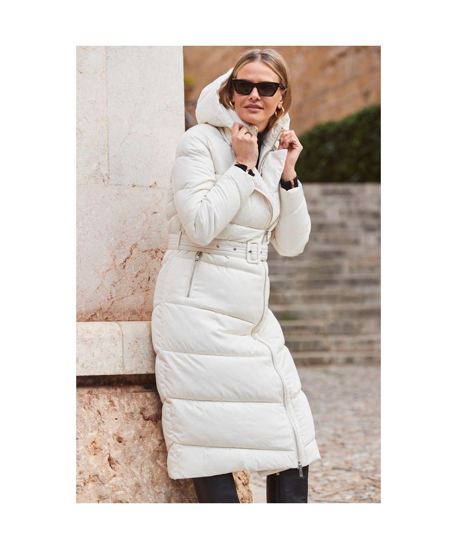 Sosandar Ivory Longline Padded Coat With Removable Hood in Natural