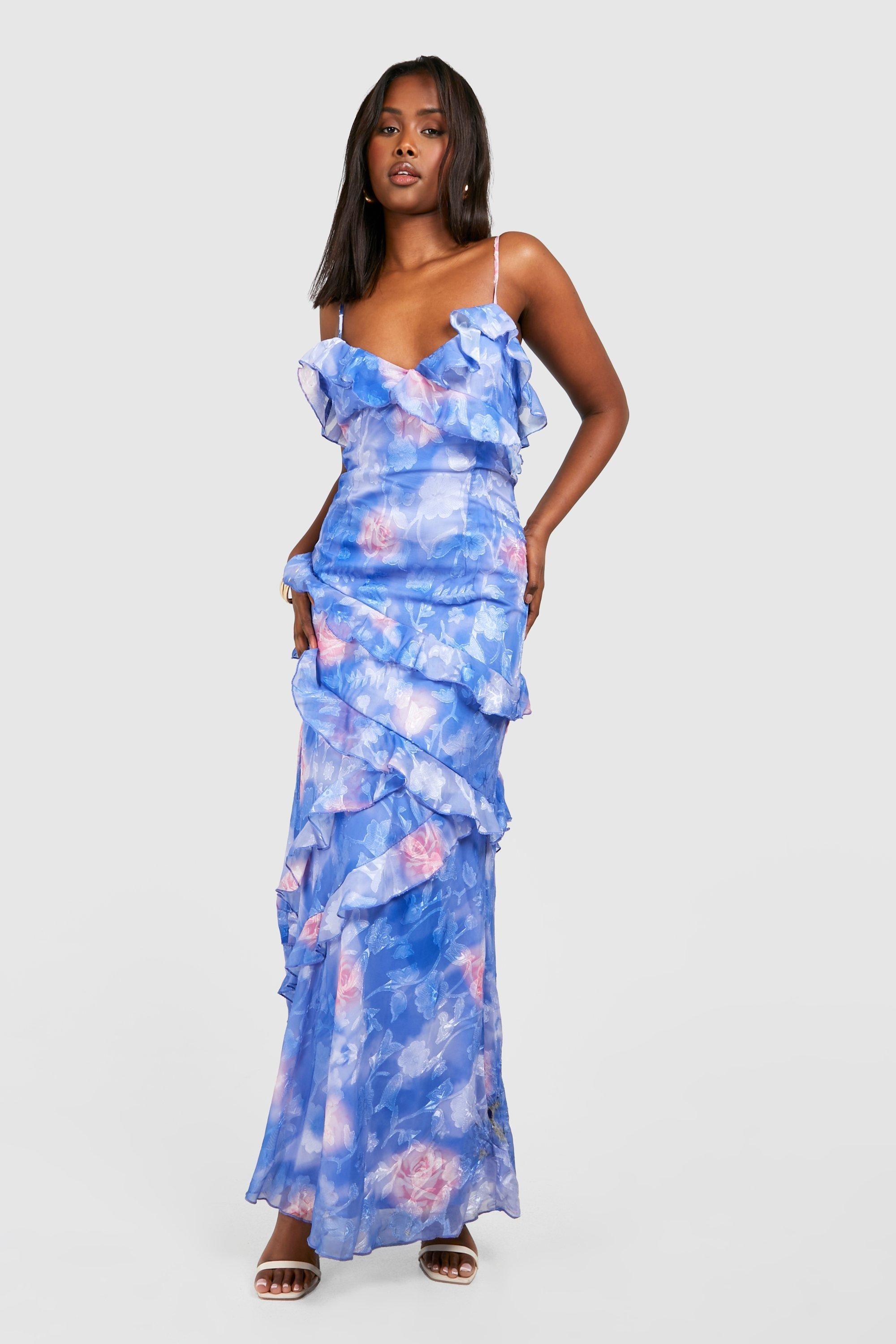 boohoo petite ruffle floral jacquard chiffon maxi dress Boohoo Jacquard Ruffle Maxi Dress in Blue