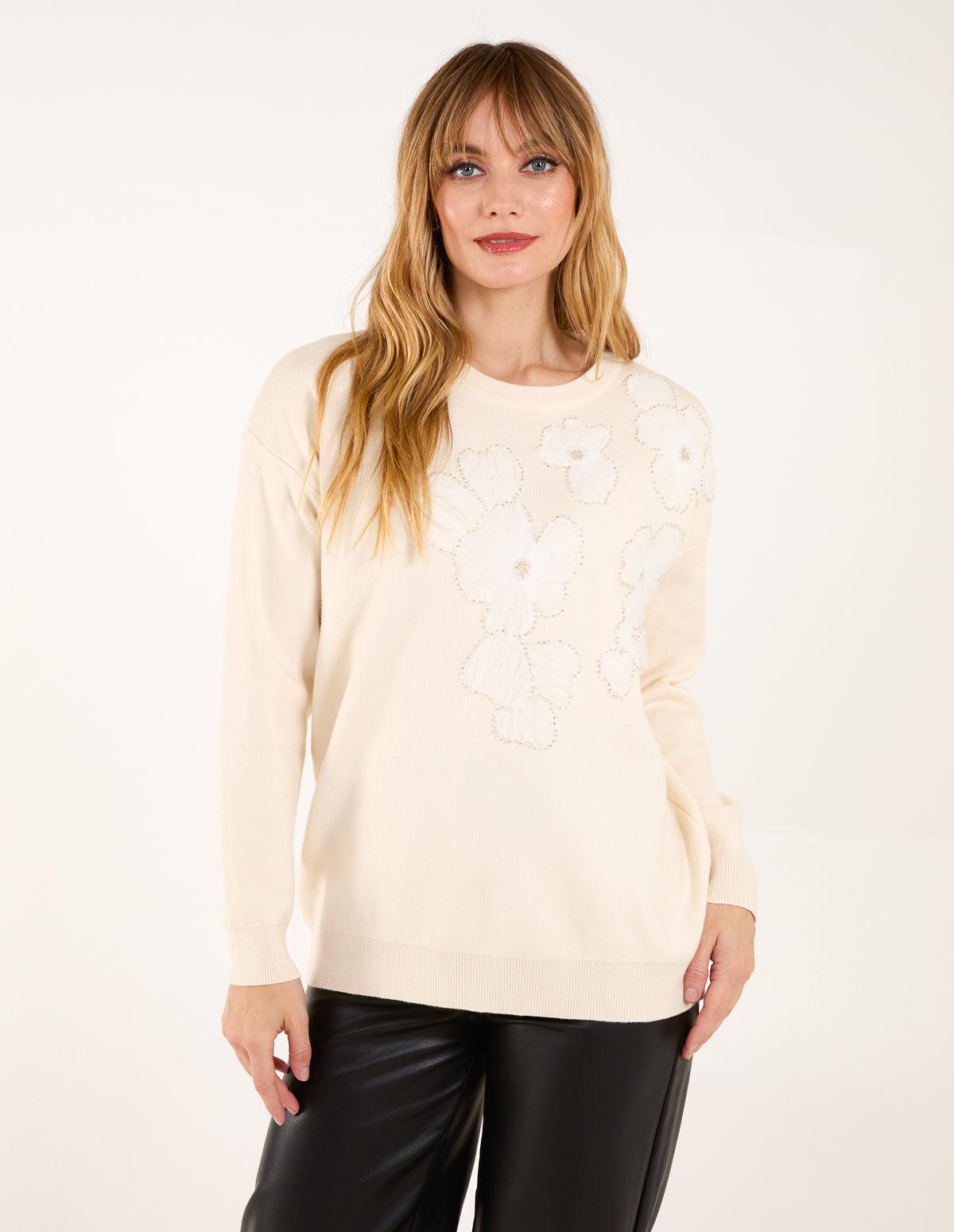 Diamante Flower Lace Ribbed Jumper main image 1