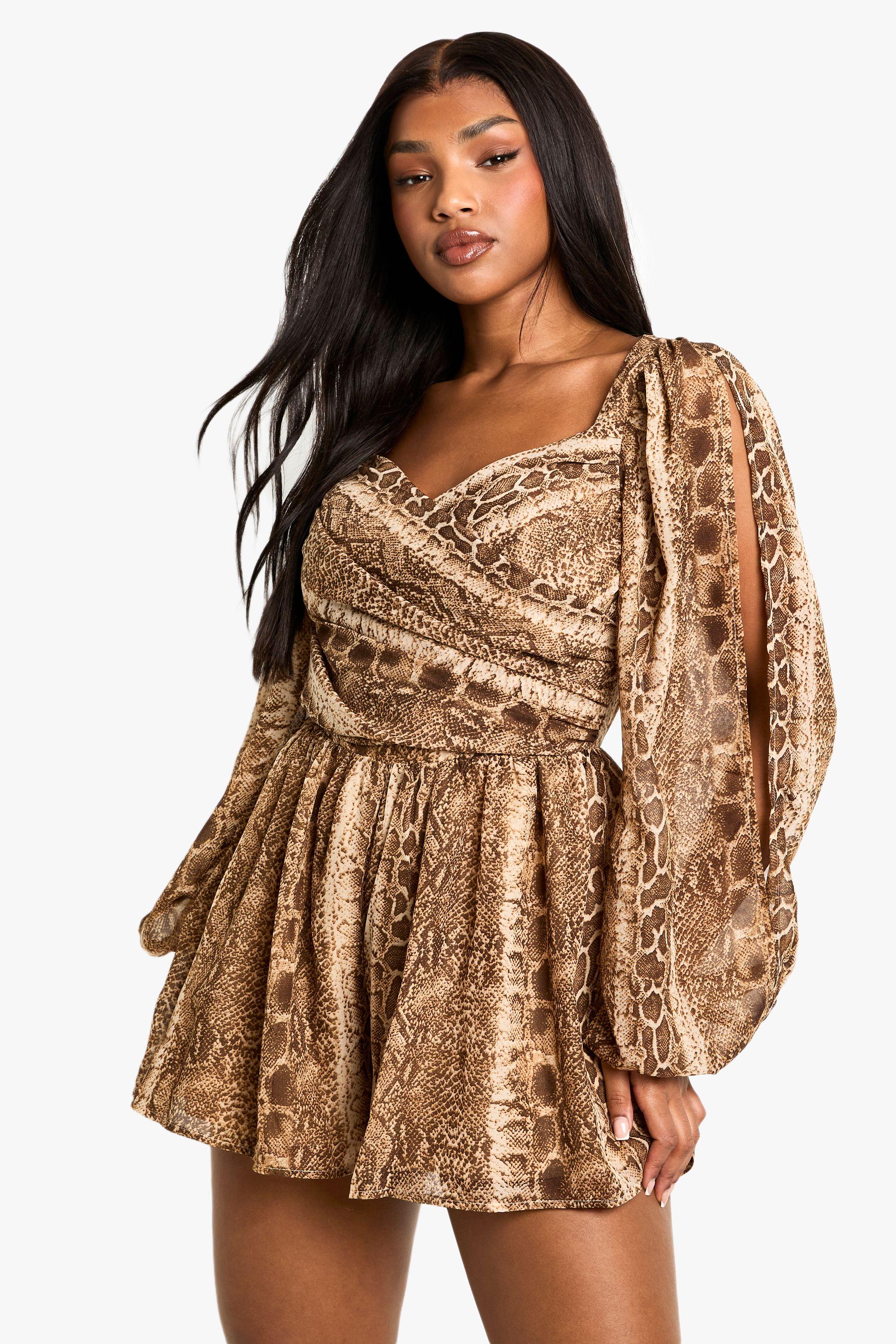 Boohoo Snake Print Split Sleeve Playsuit in Brown Lyst UK