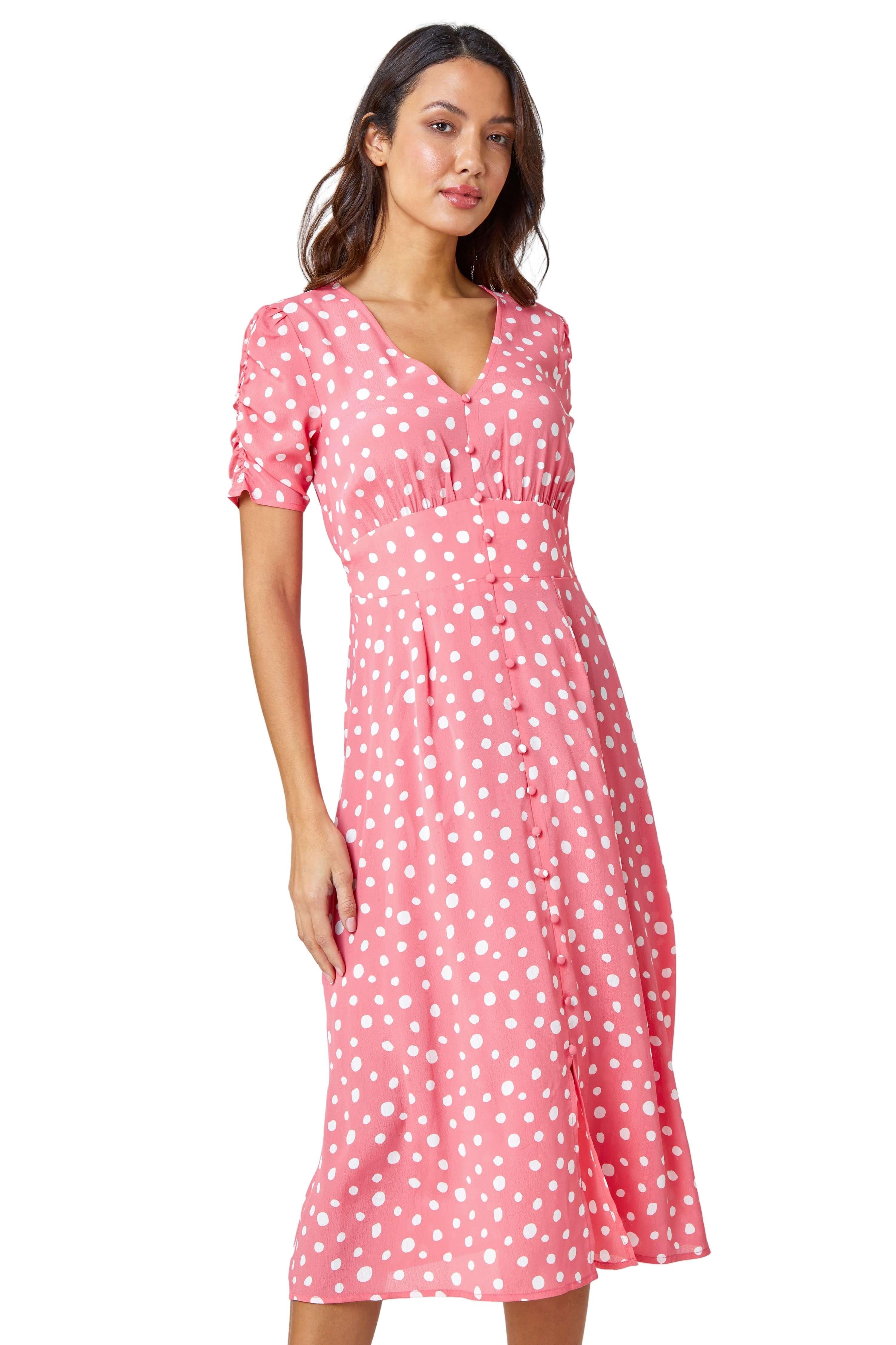 Roman Polka Dot Ruched Sleeve Midi Dress in Pink Lyst UK