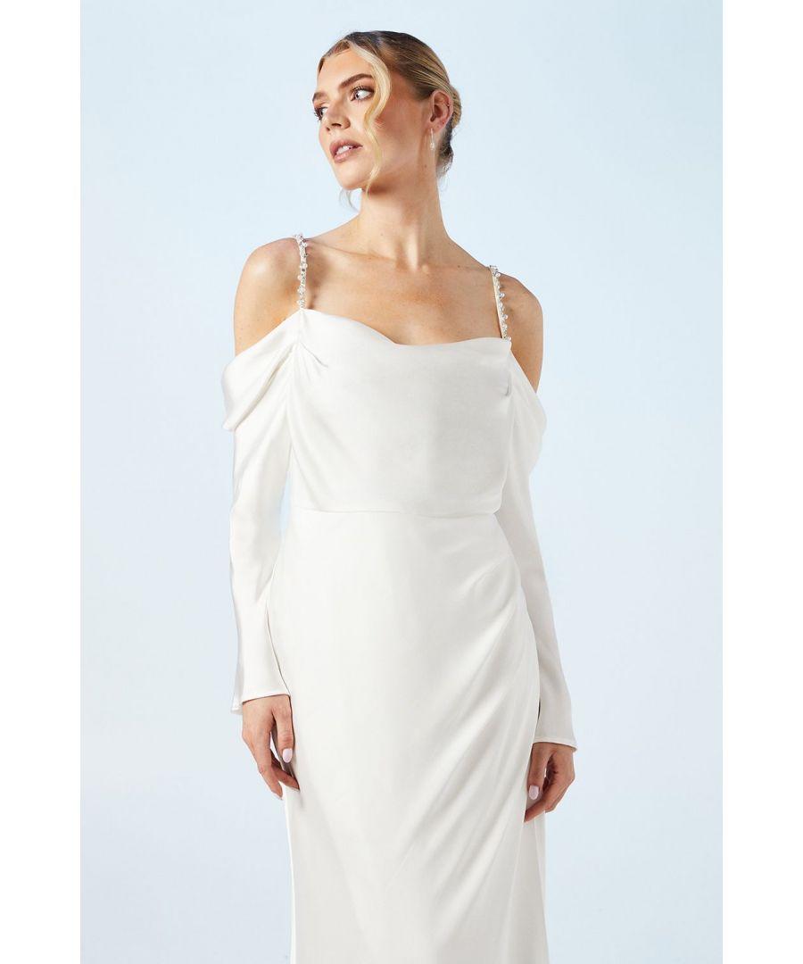 Coast Drape Cold Shoulder Embellished Strap Wedding Dress in White