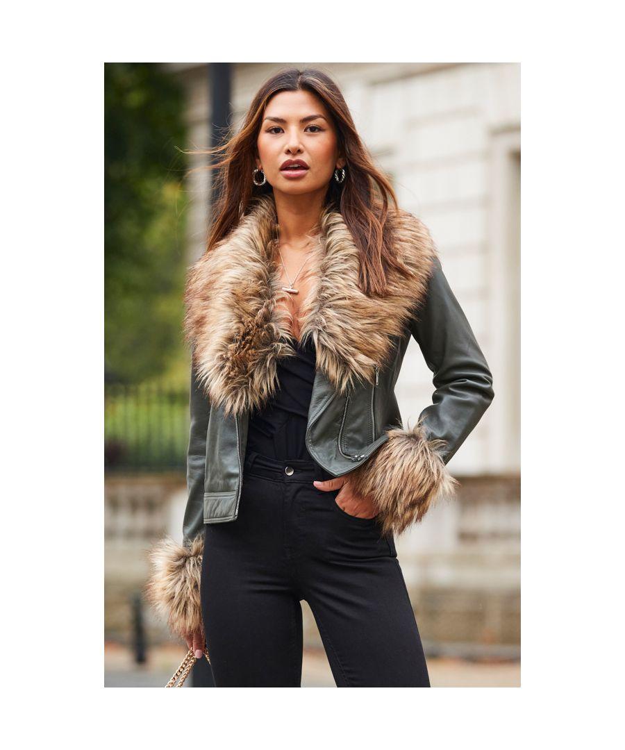 Sosandar Khaki Leather Biker Jacket With Faux Fur Trim in Green Lyst UK