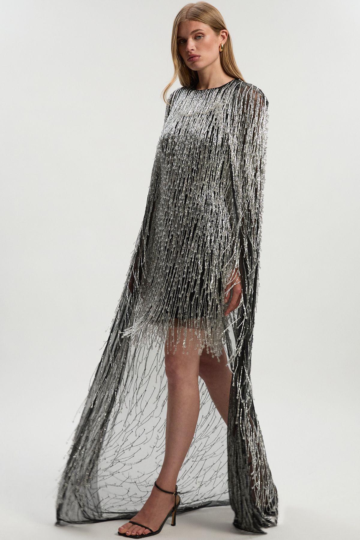 Karen Millen Embellished Fringe Caped Woven Mini Dress in Grey | Lyst UK