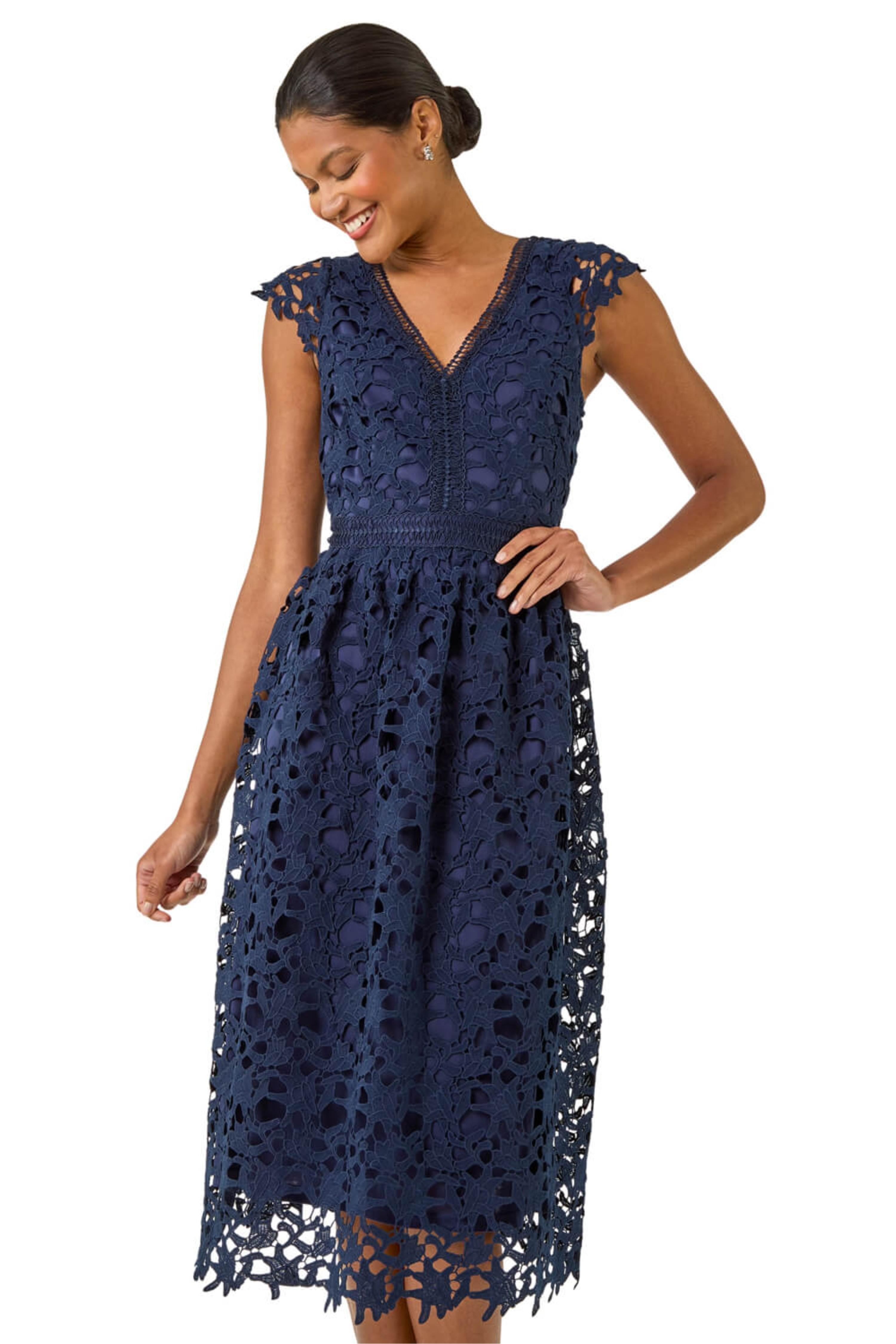 knee length dresses for ladies Long-Sleeve Ruched Jersey Formal Dress with Sheer Lace Navy / 12 main image 1
