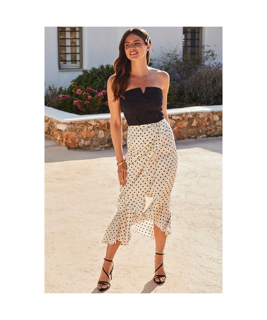 Sosandar Petite Spot Print Satin Ruffle Hem Midi Skirt in White Lyst UK