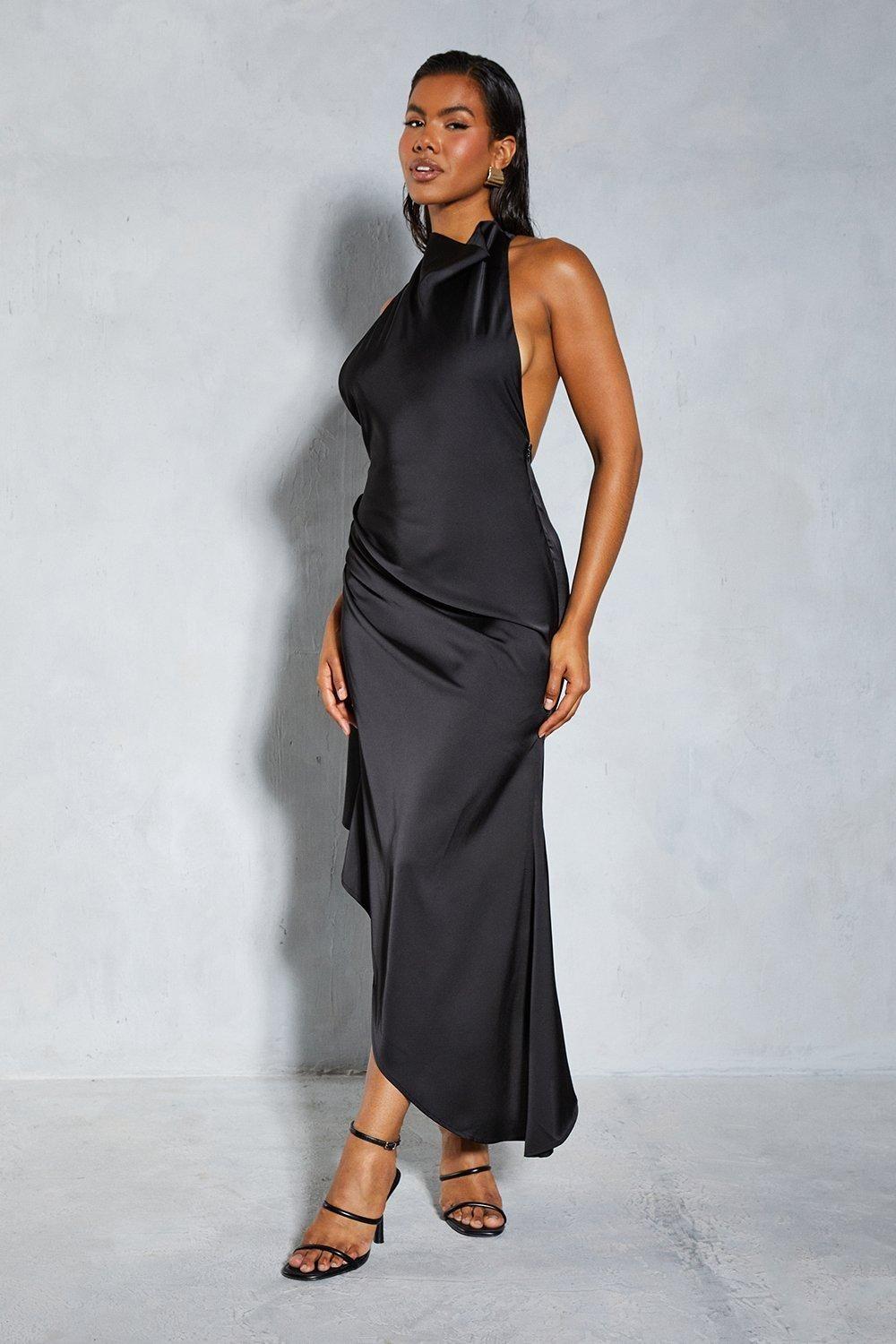 MissPap Premium Satin Halterneck Low Back Asymmetric Midi Dress in Blue |  Lyst UK