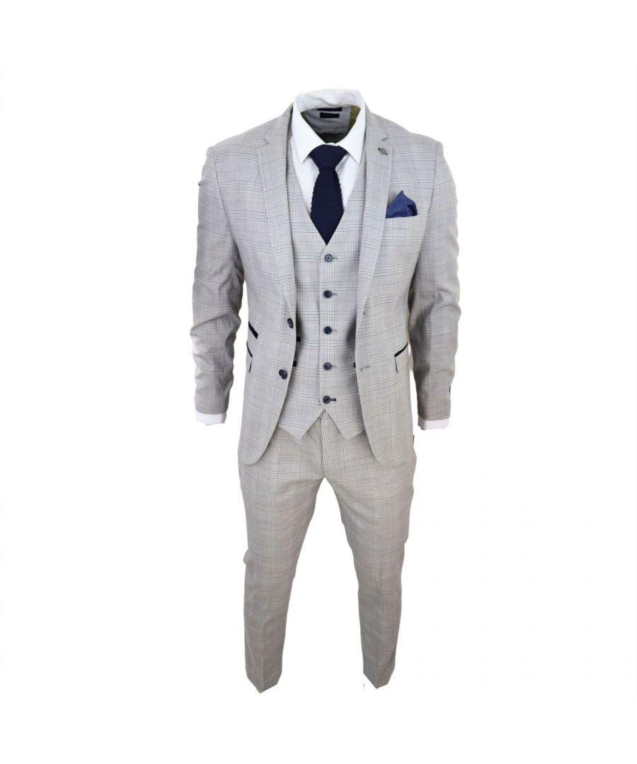 paul andrew Grey Grey 3 Piece Tan Brown Check Tailored Fit Suit