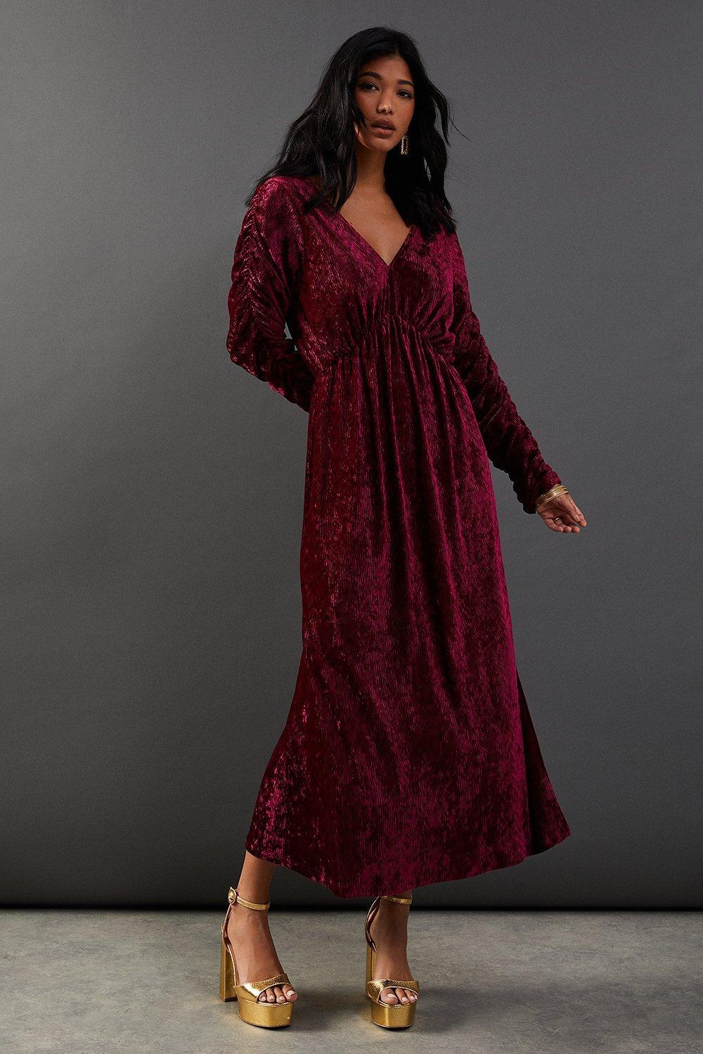 warehouse burgundy dress Warehouse Burnout Velvet Batwing Midi Dress in Red