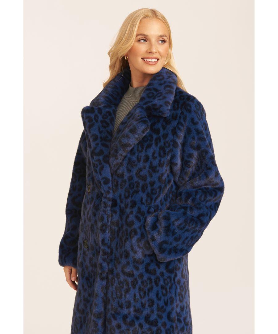 Gini London Leopard Double Breasted Longline Furcoat in Blue Lyst UK