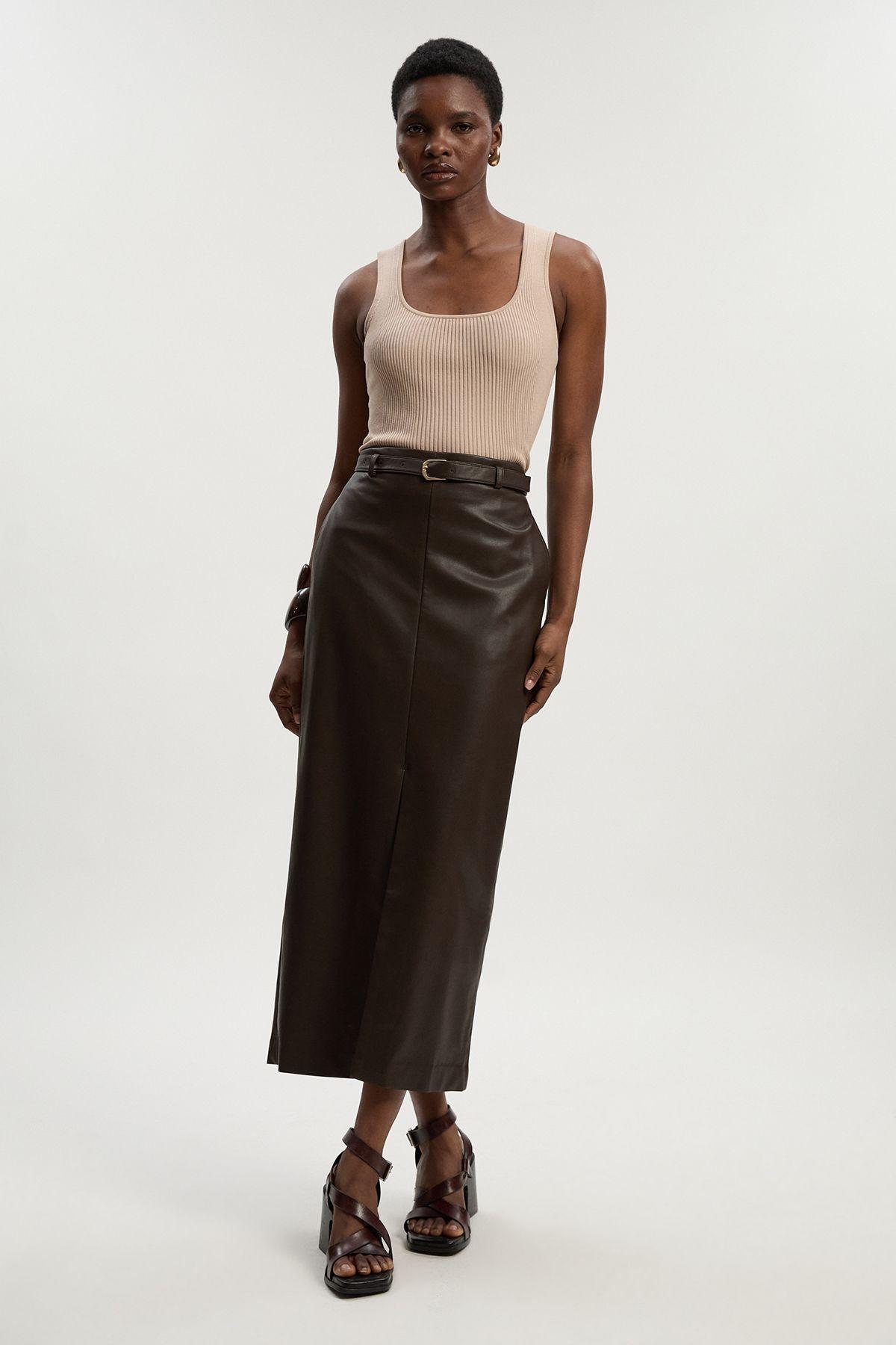 Karen Millen Faux Leather Tailored Midi Pencil Skirt in Brown | Lyst UK