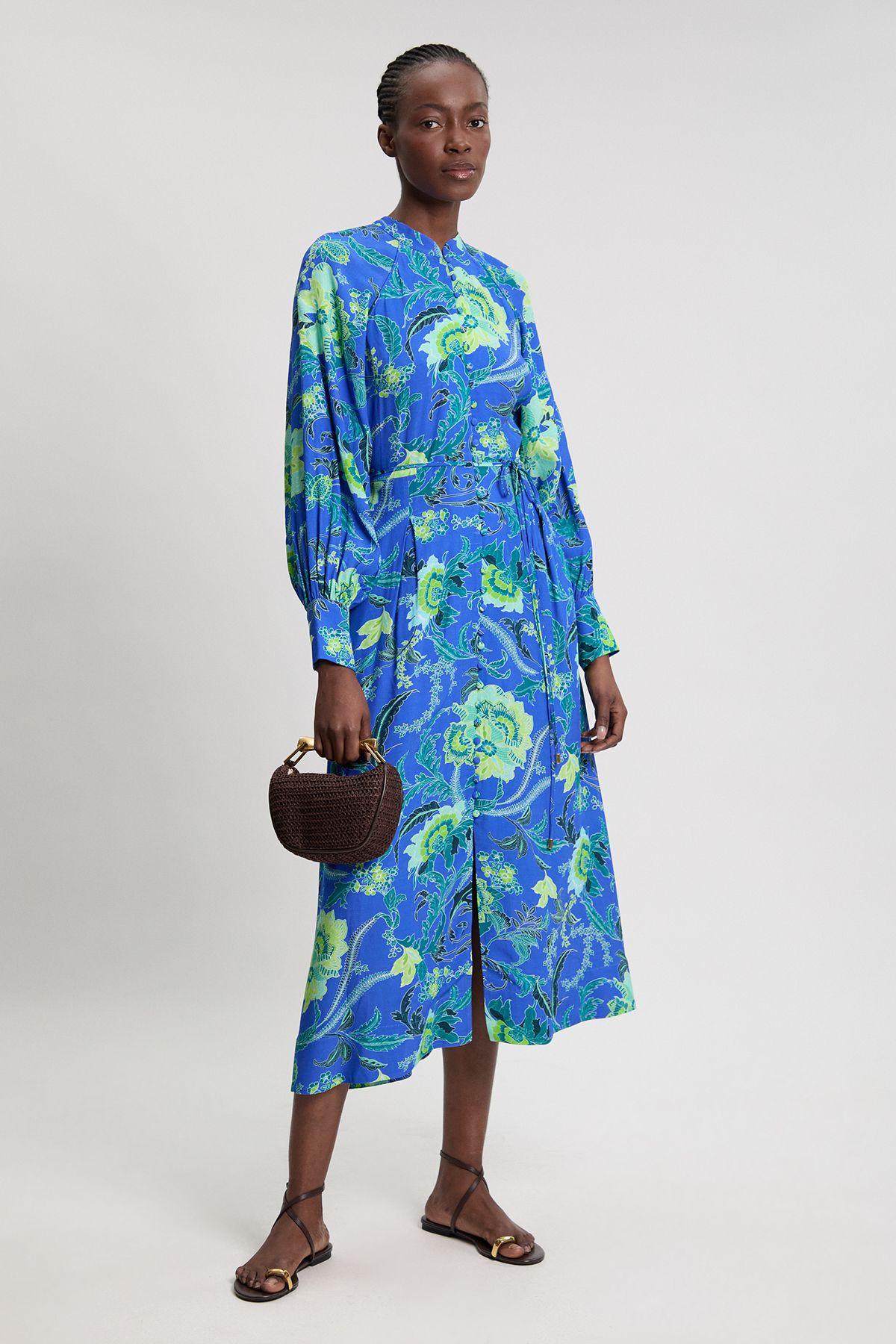 karen millen blue floral dress Viscose Woven Cobalt Midi Shirt in Petal and Pup Women's Winter 2026 Plunge neckline with trim CREATION TIME:Standard 6-9 Weeks