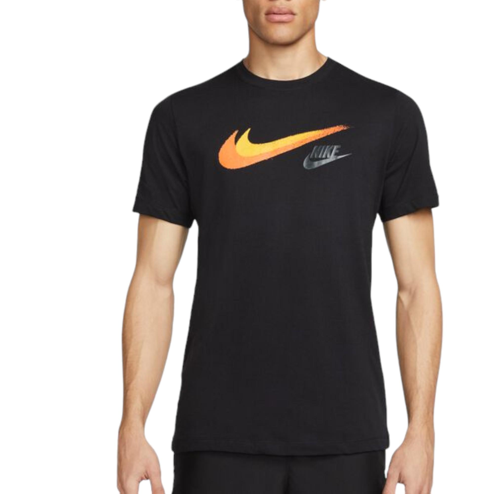 black nike shirt with orange swoosh