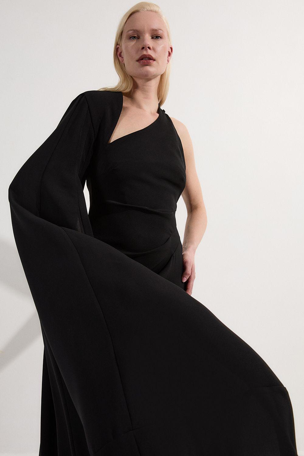 karen millen long black dress Karen Millen Crystal Embellished Cutwork Cape Detail Woven Maxi Dress in Black