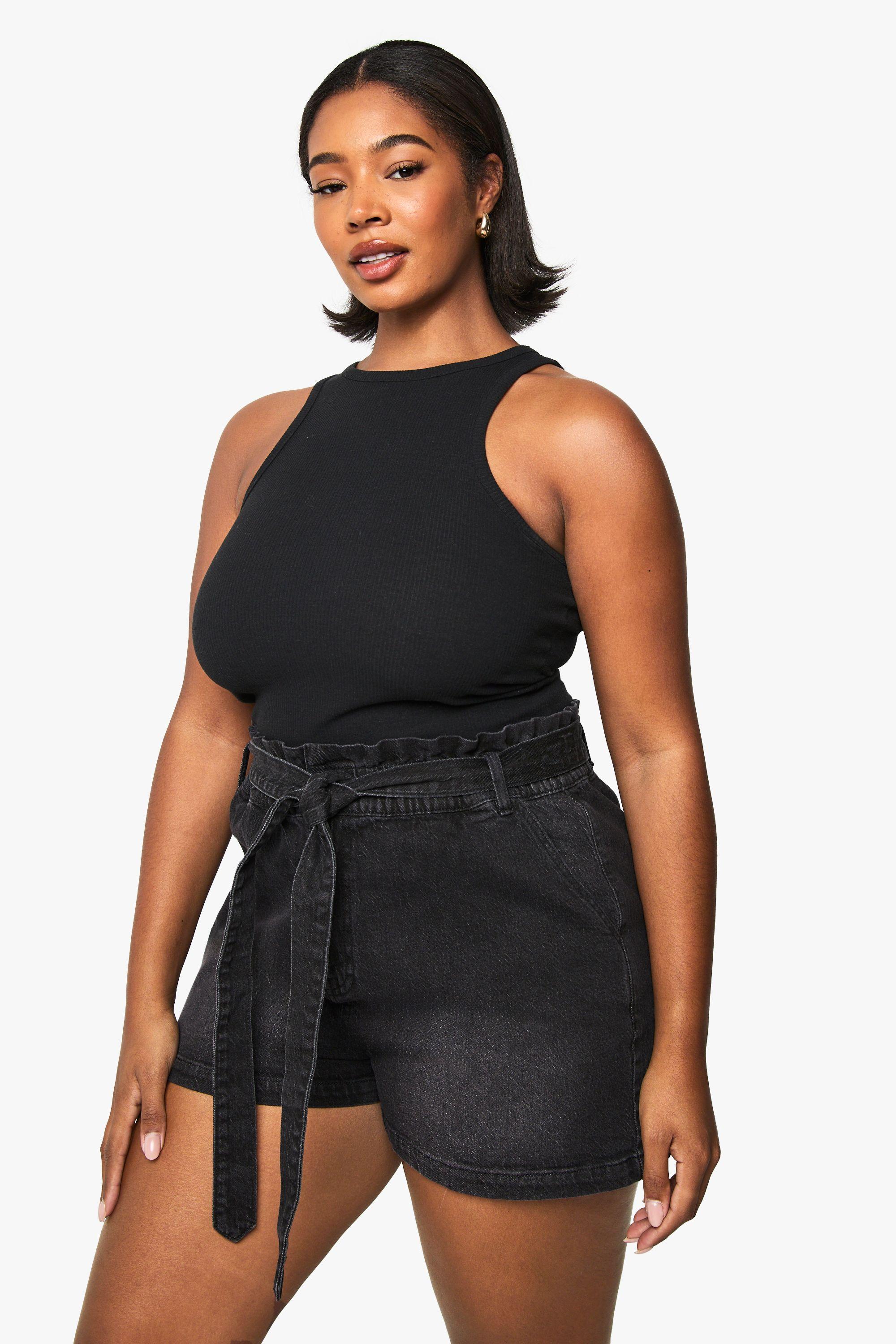 Boohoo Plus Paperbag Waist Denim Short in Black Lyst UK