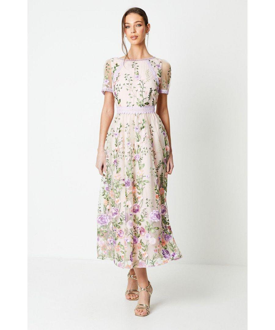 Coast Lace Trim Detail Embroidered Mesh Midi Dress in White | Lyst UK