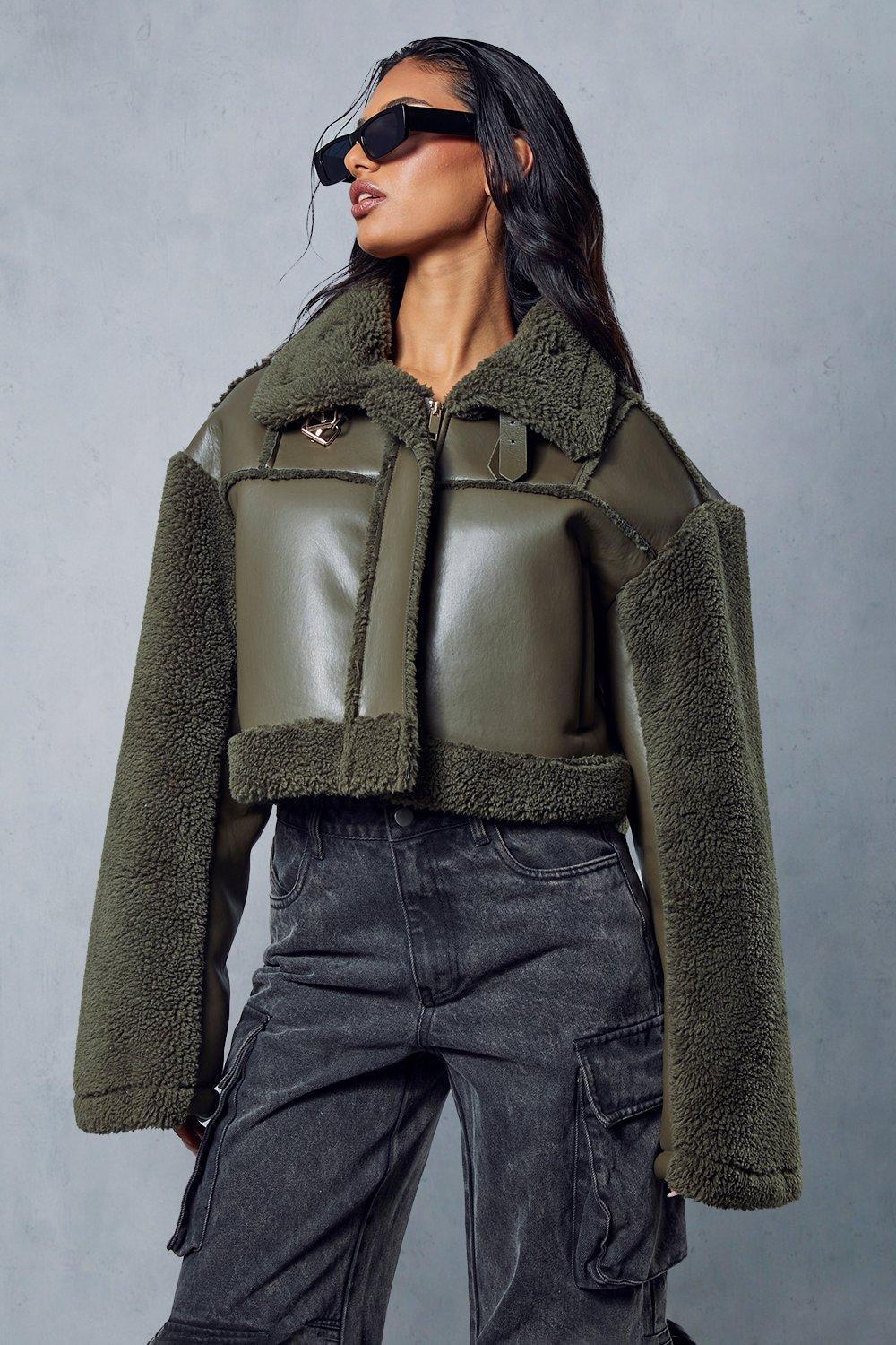 MissPap Borg Buckle Detail Cropped Aviator Jacket in Grey Lyst UK