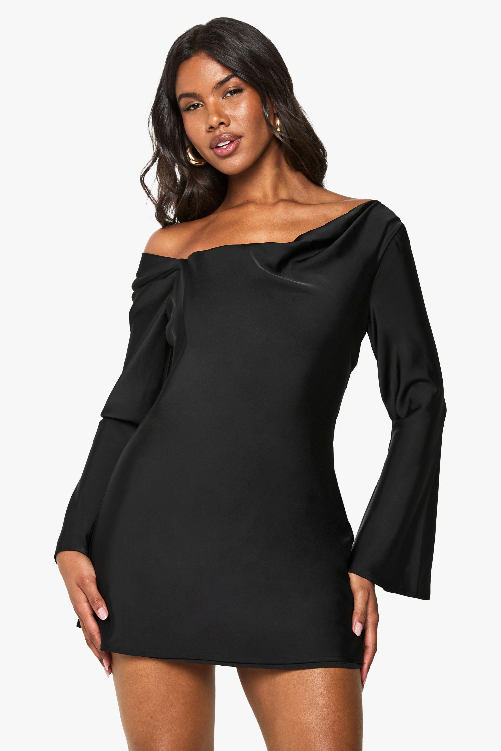Flare Sleeve Boohoo Long Sleeve Black Dress Premium Heavy Weight