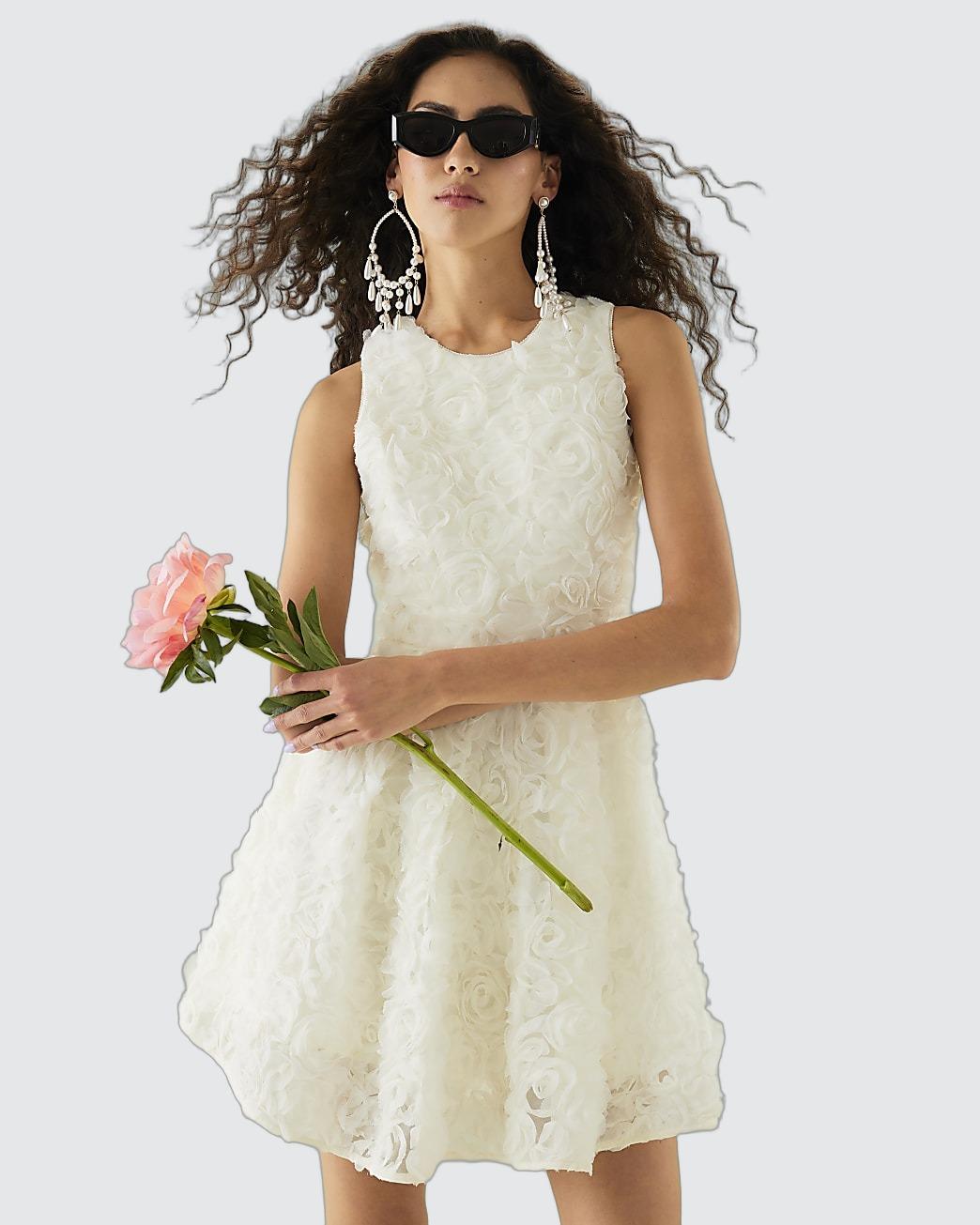 knee length dresses for ladies 1960s White Lace Long Sleeve Mini Dress, Sz. S main image 0