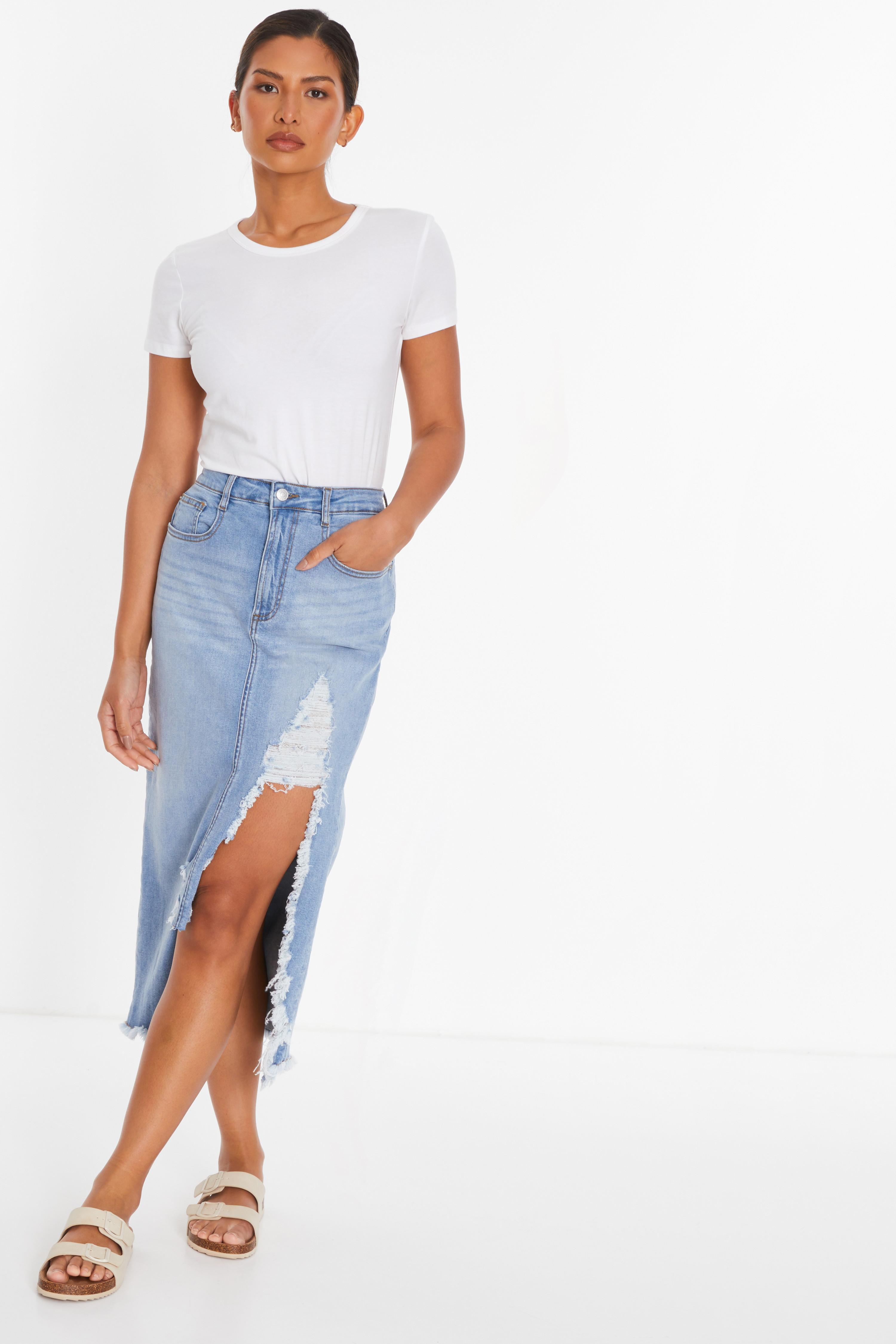 Midi Skirt White Ripped Jean Skirt White Shirt Denim Stretch Plus