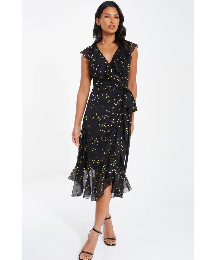 Quiz Black Foil Floral Chiffon Wrap Midaxi Dress Lyst UK