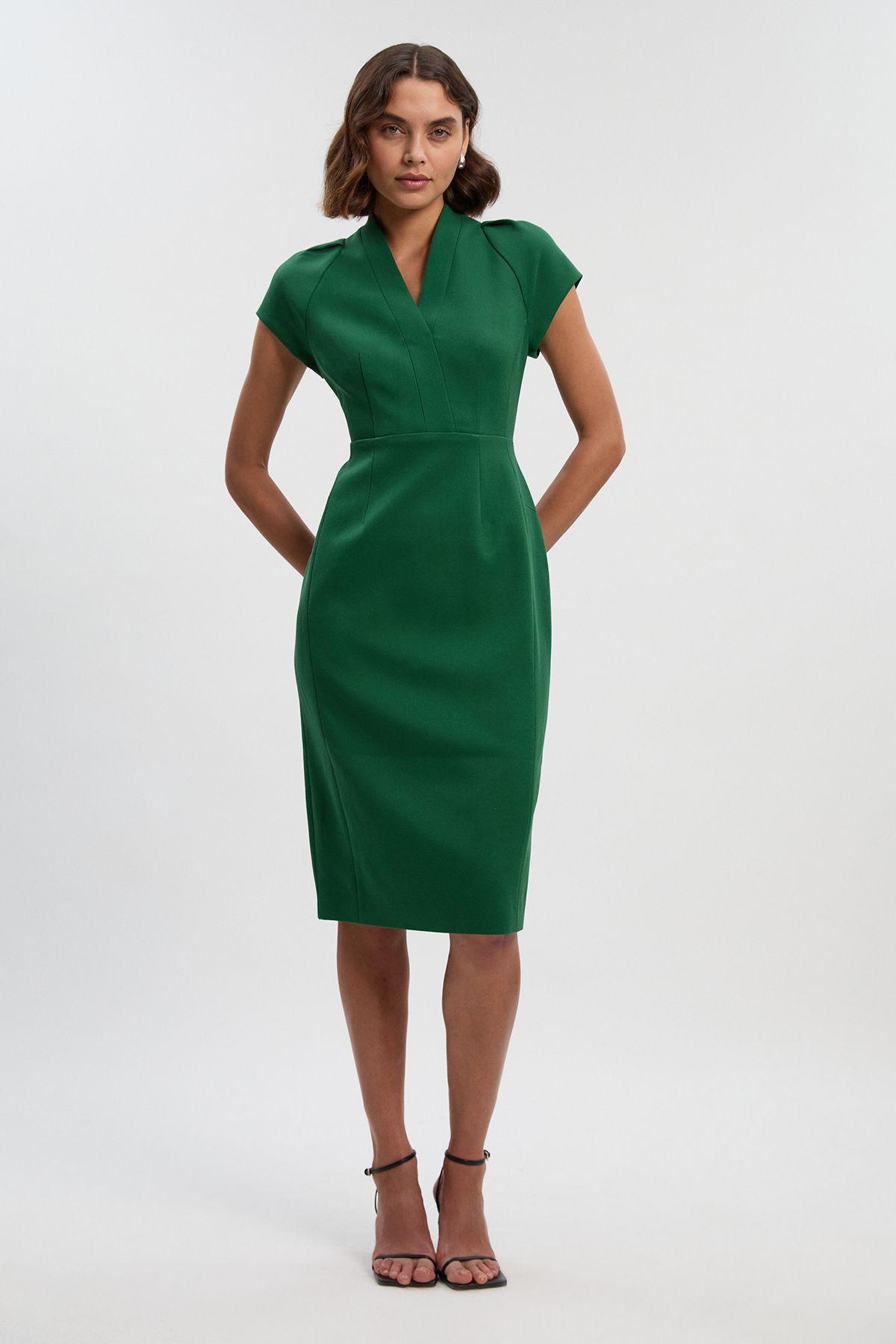 Karen Millen Structured Crepe Forever Pencil Midi Dress in Green | Lyst UK