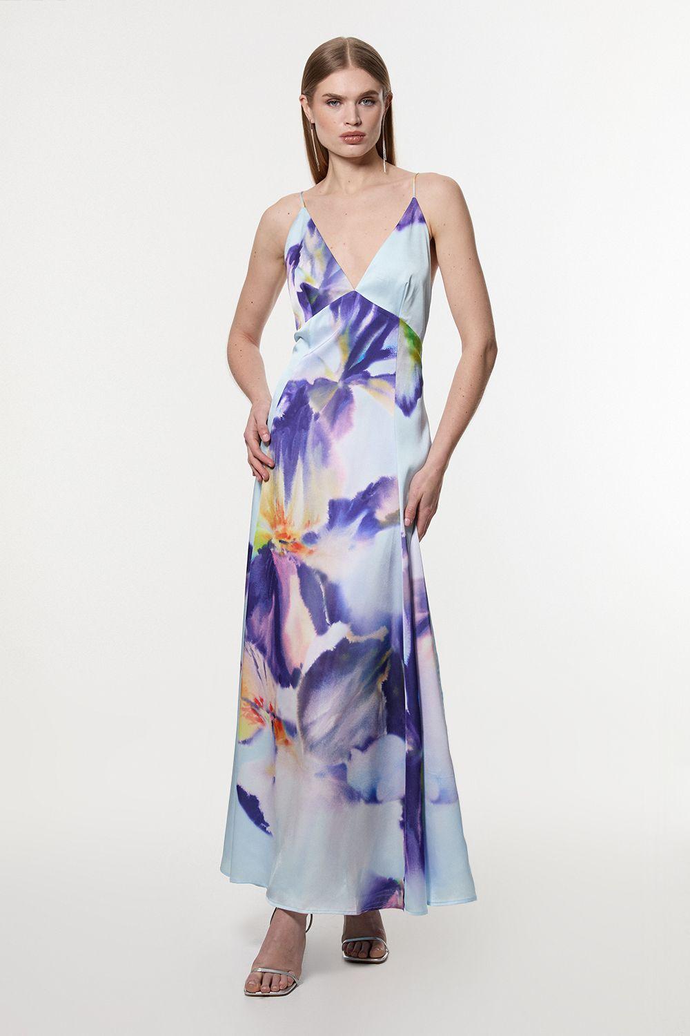 Karen Millen Hammered Satin Deep V Strappy Woven Maxi Dress in Blue | Lyst  UK