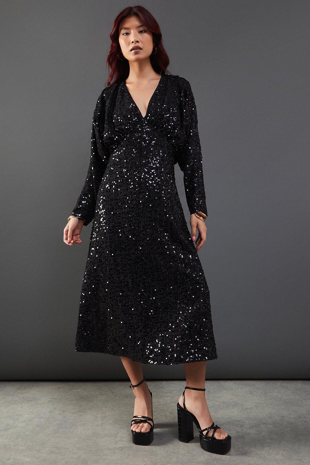 warehouse glitter midi dress Green Warehouse Hand Embellished Sequin Square Neck Strappy Midi Dress