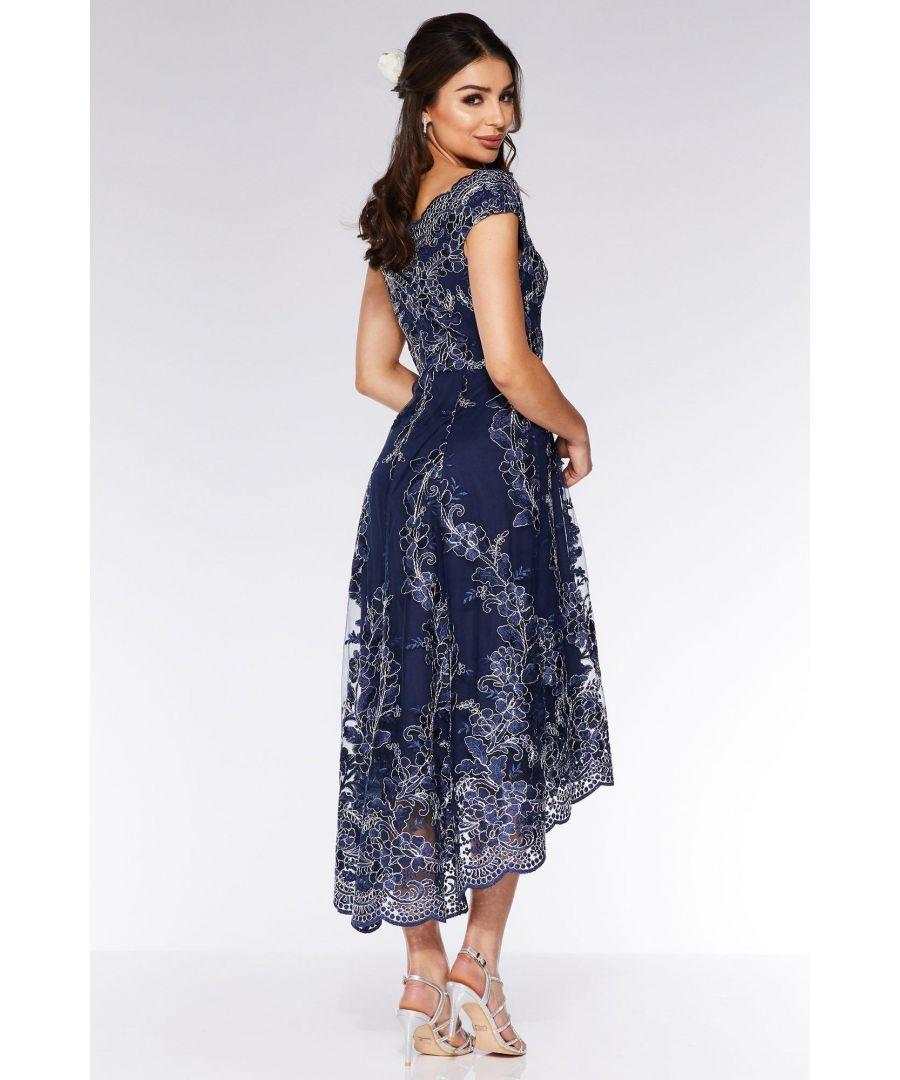 Navy Embroidered Bardot Dip Hem Dress