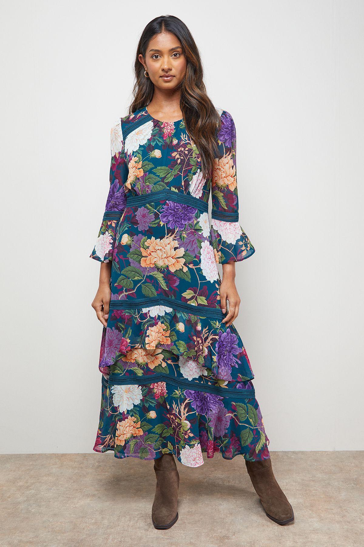 knee length dresses for ladies Provence Bloom Tiered Midi Dress Floral Orange main image 0