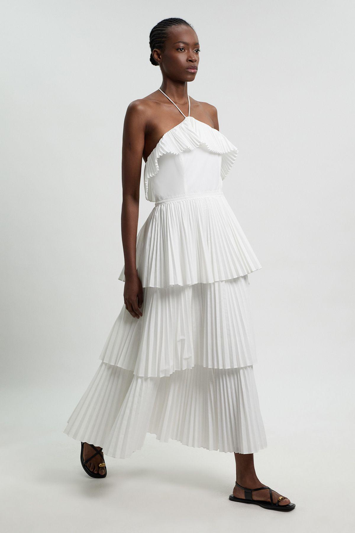 karen millen white halter neck dress Petite Cotton Poplin Pleat Detail Halterneck Woven Maxi in RL:2826tues