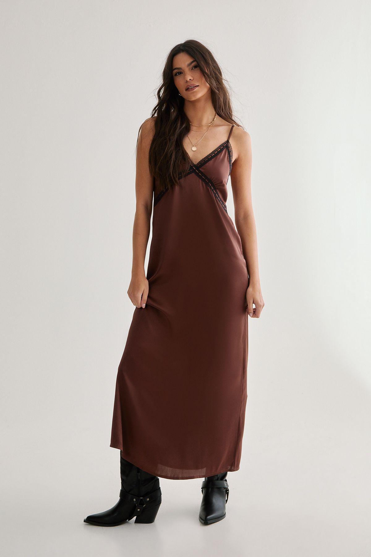 Nasty Gal Satin Ribbon Lace Trim Maxi Slip Dress in Brown | Lyst UK