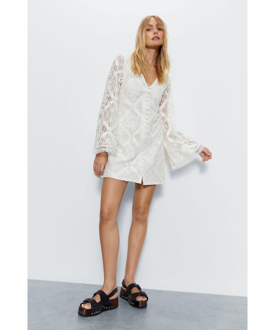 Warehouse Lace Covered Button Flared Sleeve Mini Dress in White | Lyst UK