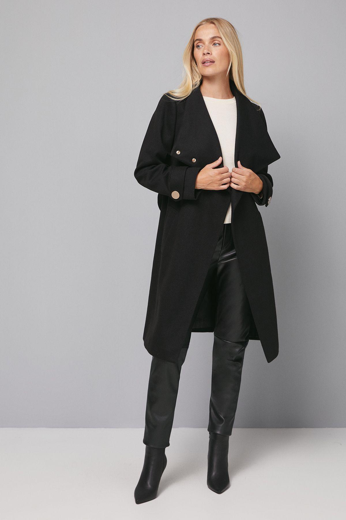 Wallis Petite Funnel Neck Tie Belt Coat in Black Lyst UK - Main Image