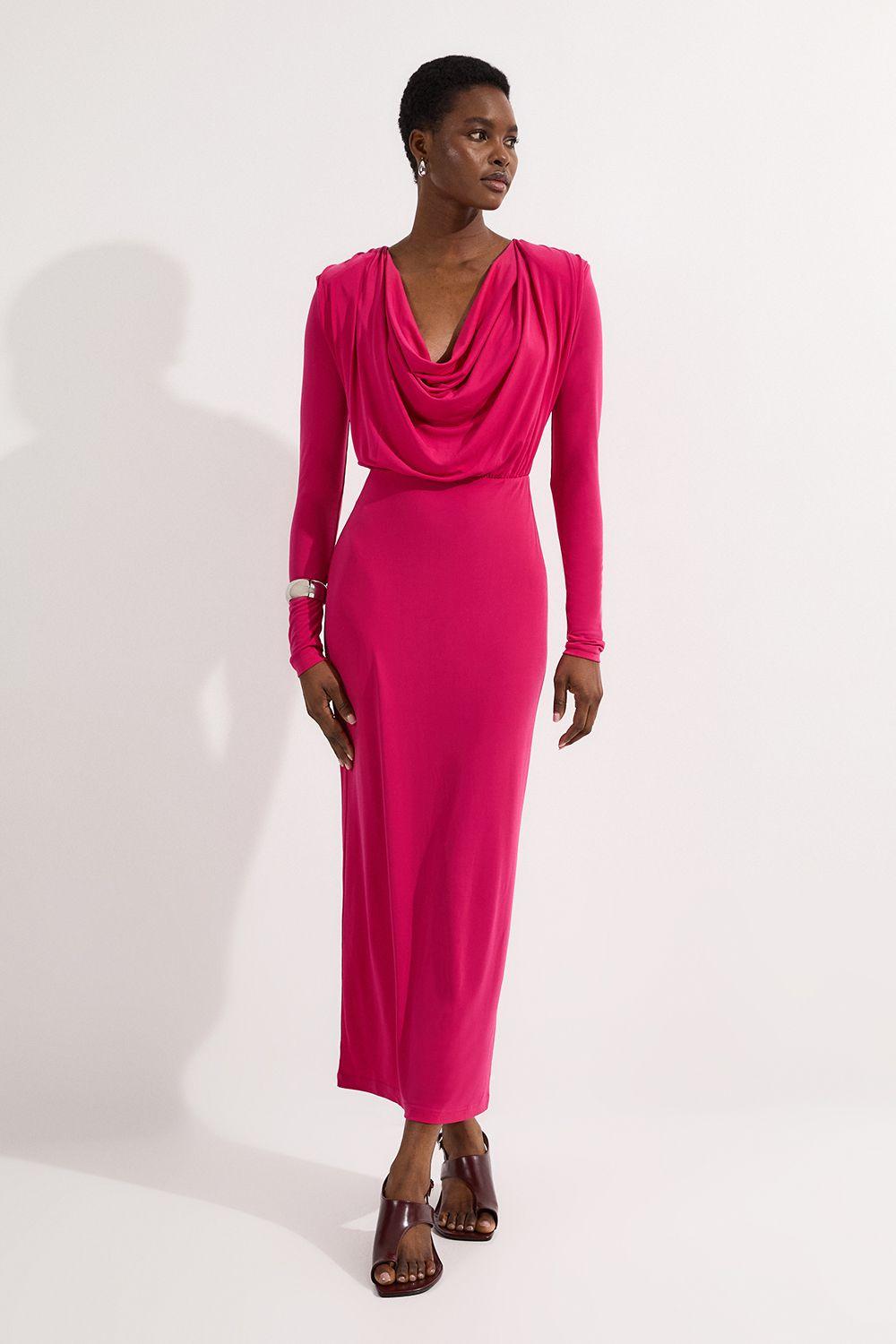 knee length dresses for ladies Karen Millen Pink Compact Stretch Viscose Tie Neck Tailored Full Skirted Midi  Dress UK 6 main image 1
