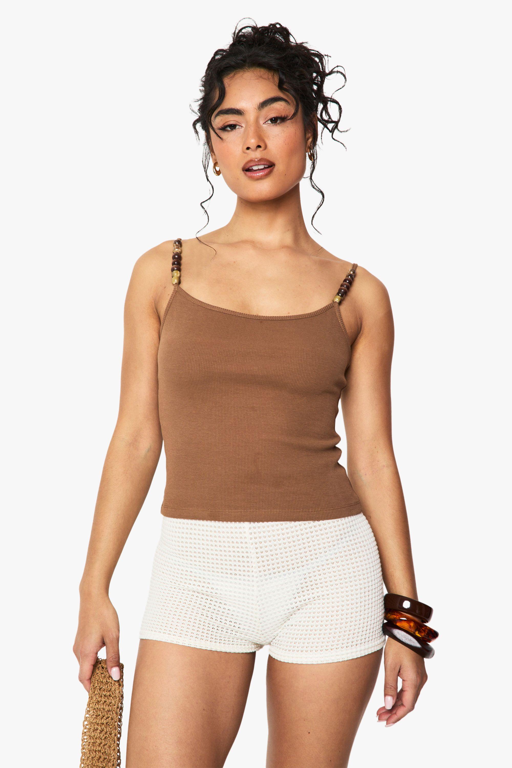 Boohoo Rib Beaded Strap Detail Square Neck Vest in White Lyst UK