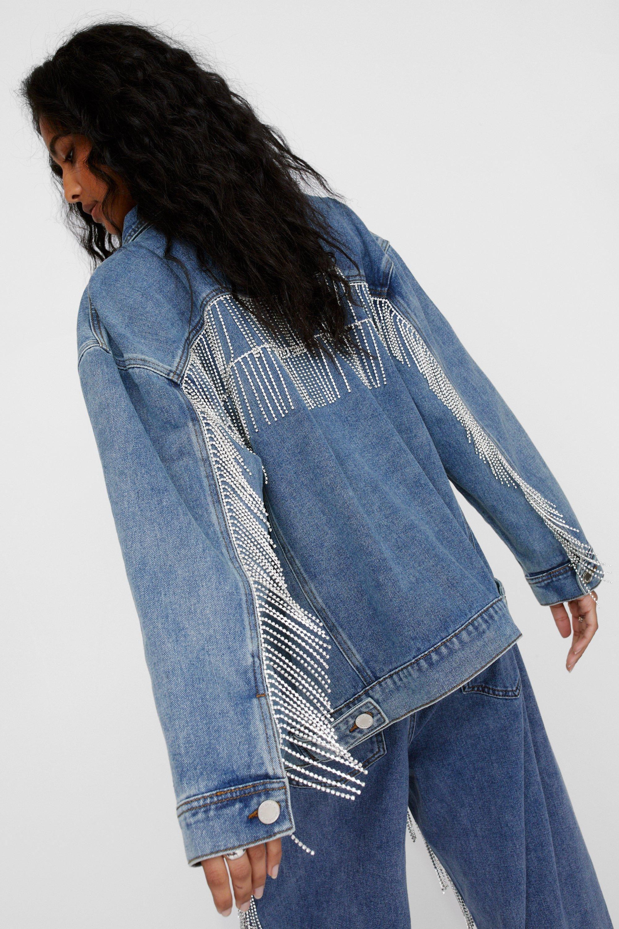 Nasty Gal Diamante Fringe Trim Denim Jacket in Blue | Lyst UK