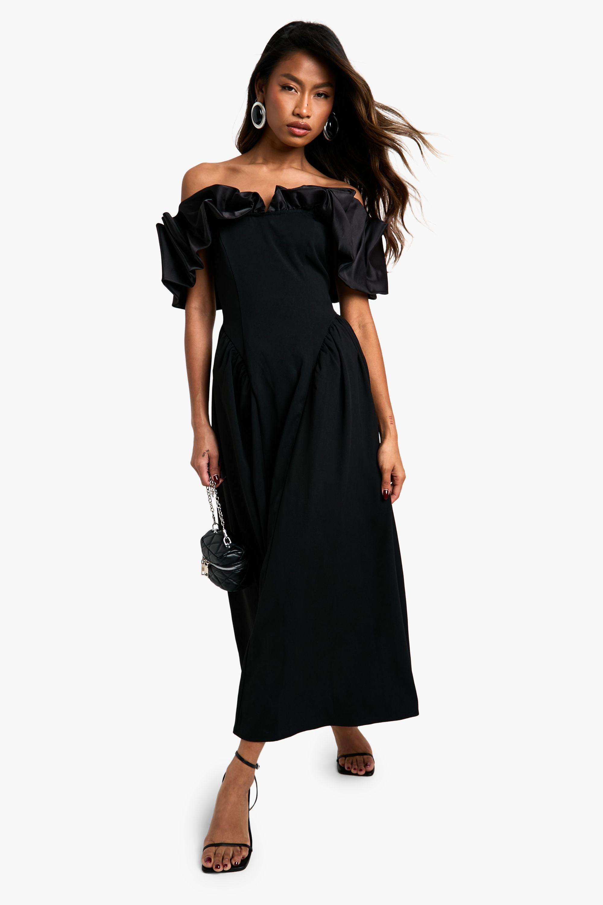 taffeta skater dress boohoo Women's Extreme Taffeta Ruffle Bardot Structured Skater Dress - Black
