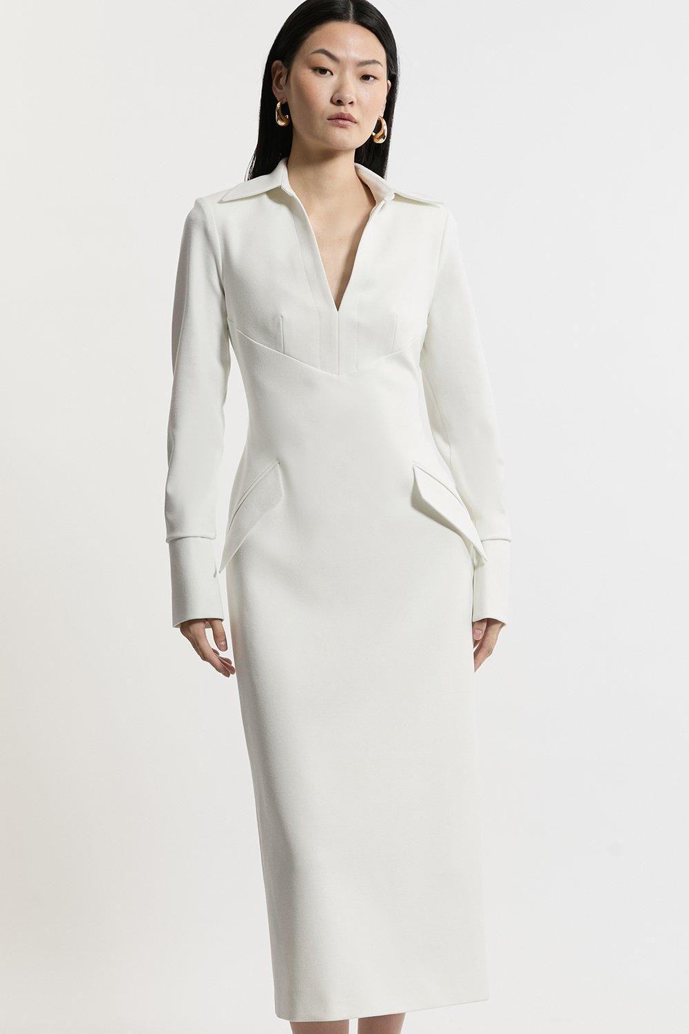 Karen Millen Structured Crepe Tailored Collared Pencil Maxi Dress in White  | Lyst UK