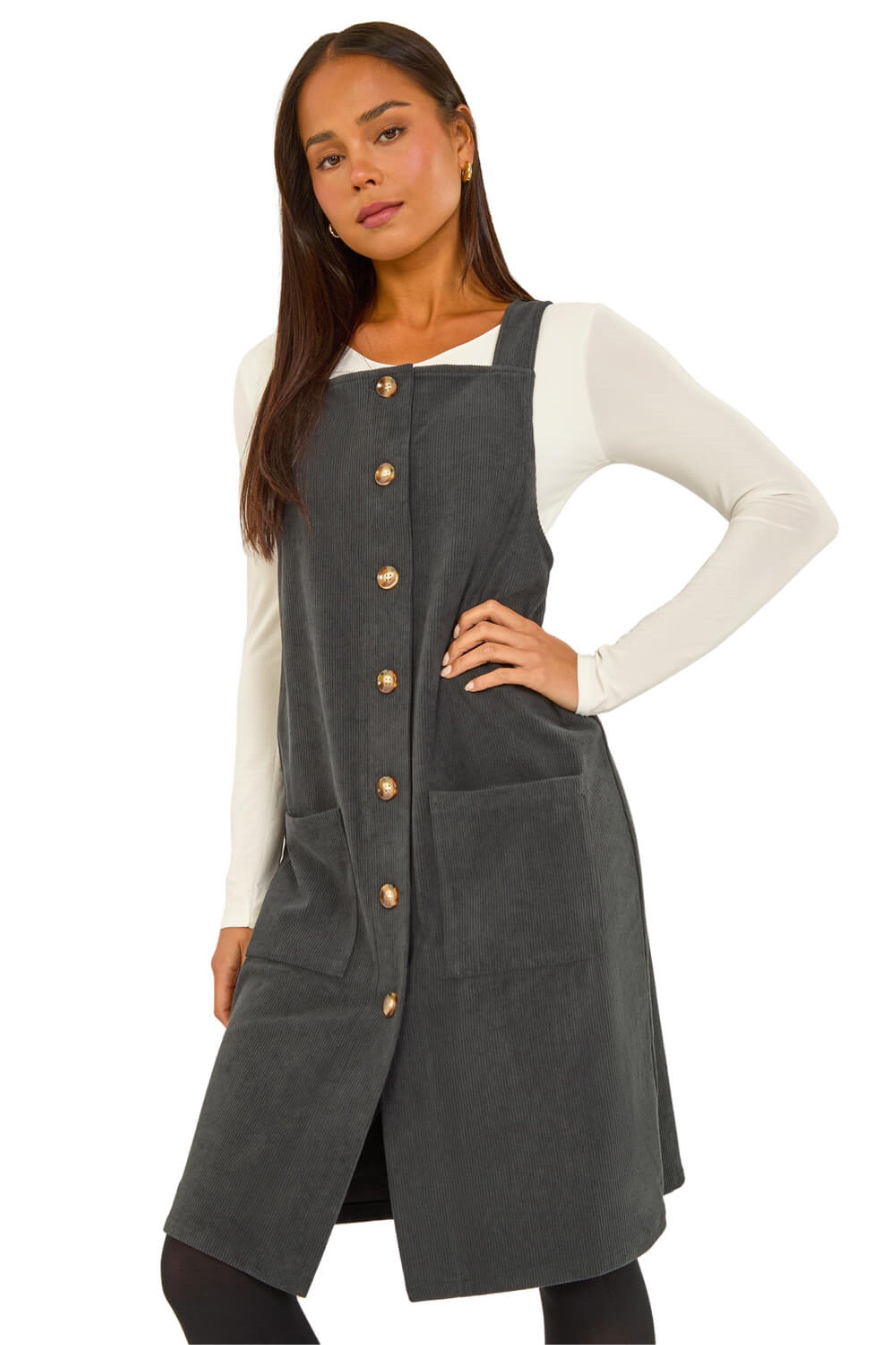 Roman Petite Corduroy Pinafore Dress in Grey | Lyst UK