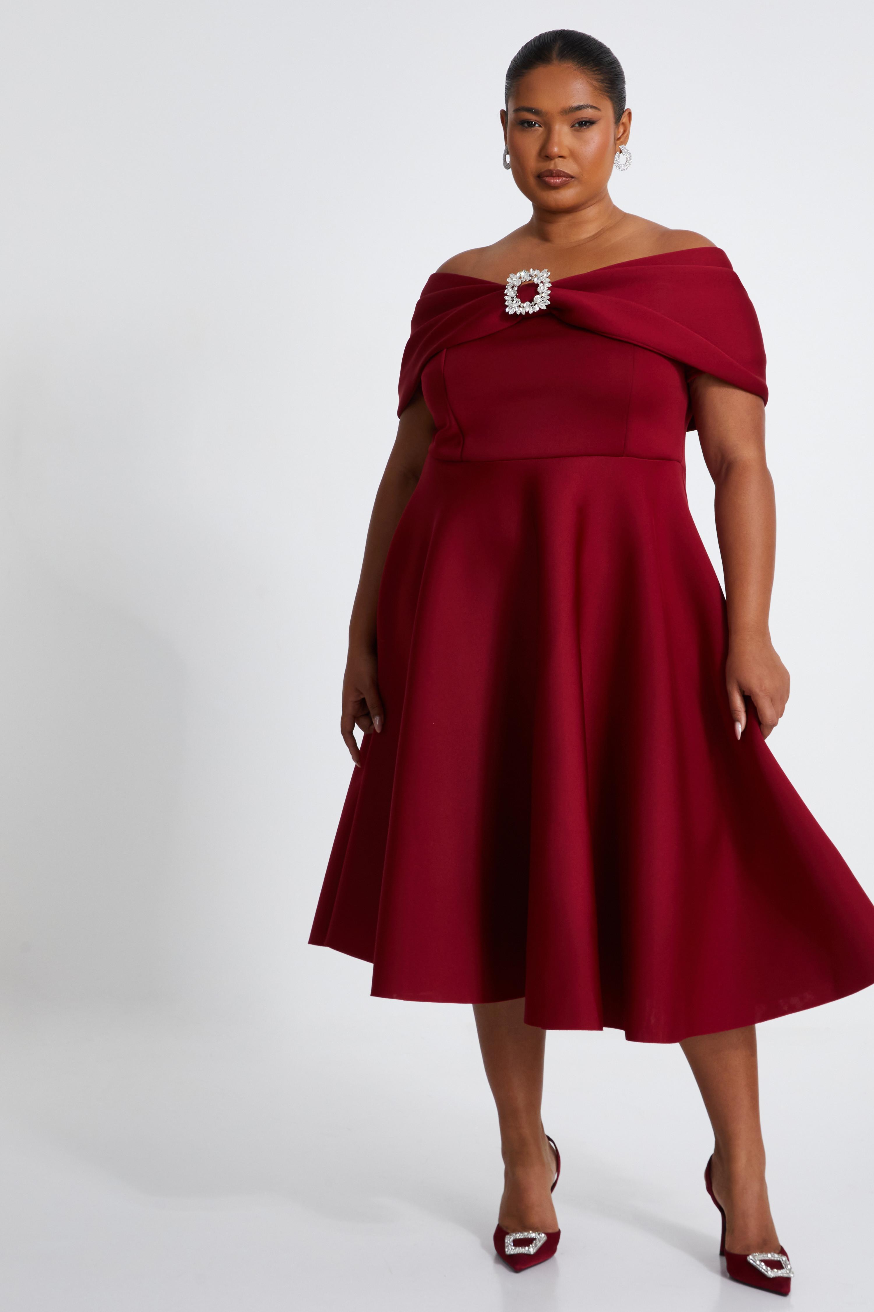 Plus Size Deep Red Midi Dress Quiz Curve Dark Skater Midi Dress In