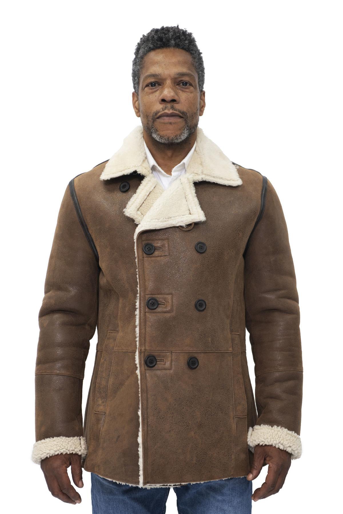 Infinity Leather Double Breasted Shearling Sheepskin Pea Coat