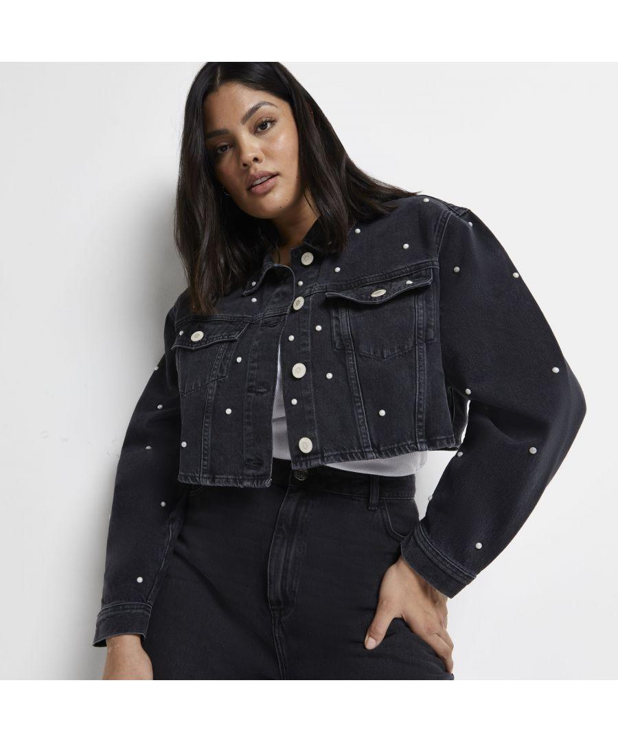 River Island Cropped Denim Jacket Black Plus Size Cotton | Lyst UK