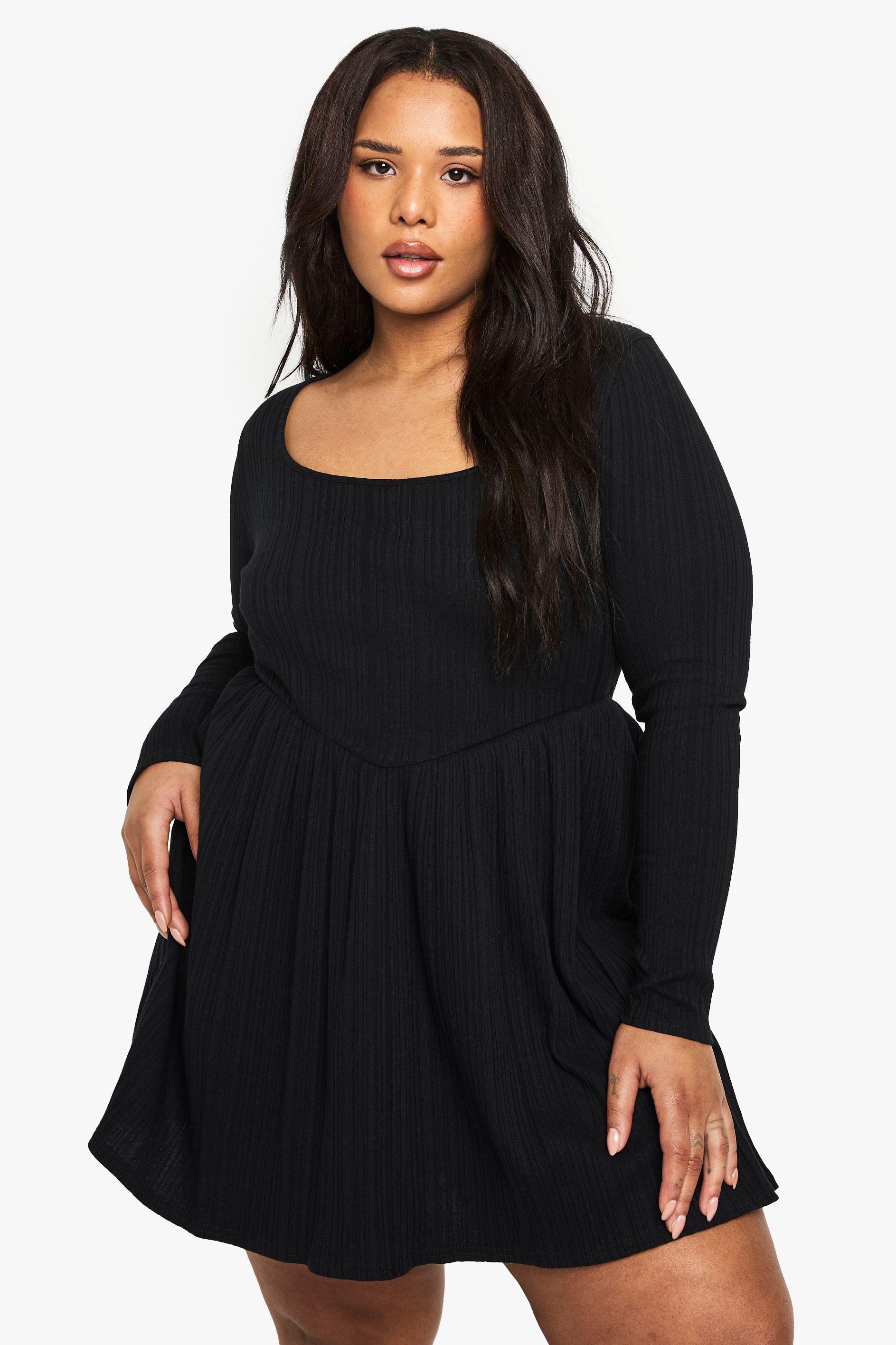 Square Neck Boohoo Ribbed Dress Bodycon Long Sleeve Mini Dress