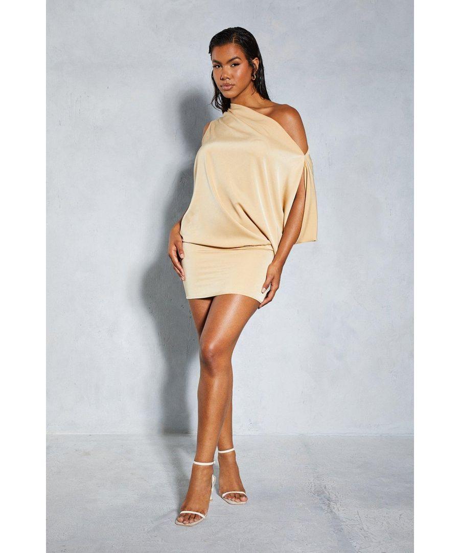 MissPap Satin Off Shoulder Asymmetric Bodycon Mini Dress in Natural | Lyst  UK