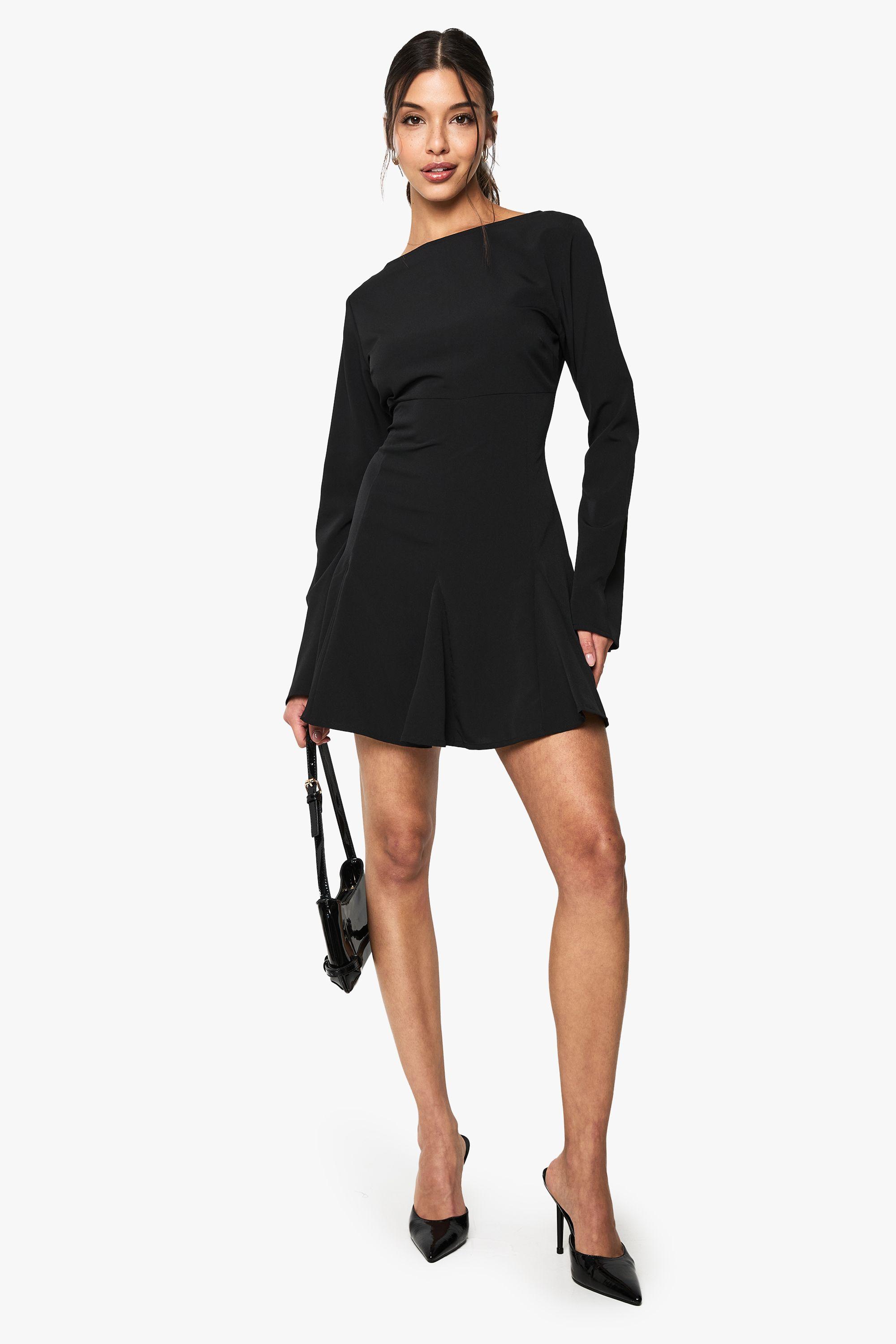 Boohoo Textured Slash Neck Long Sleeve Godet Mini Dress in Black