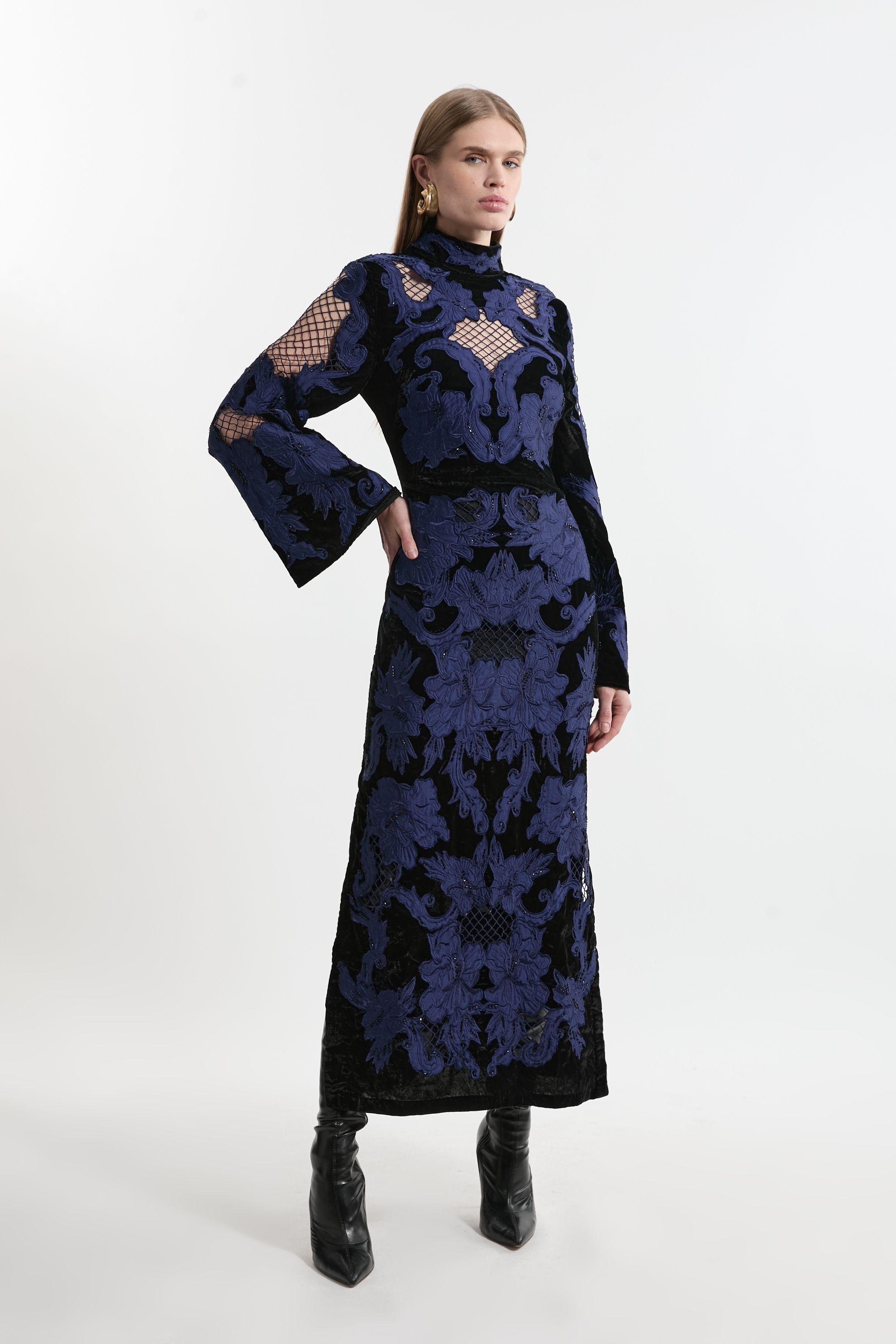karen millen blue velvet dress Applique & Beaded Woven Column Midi in Bridal gown