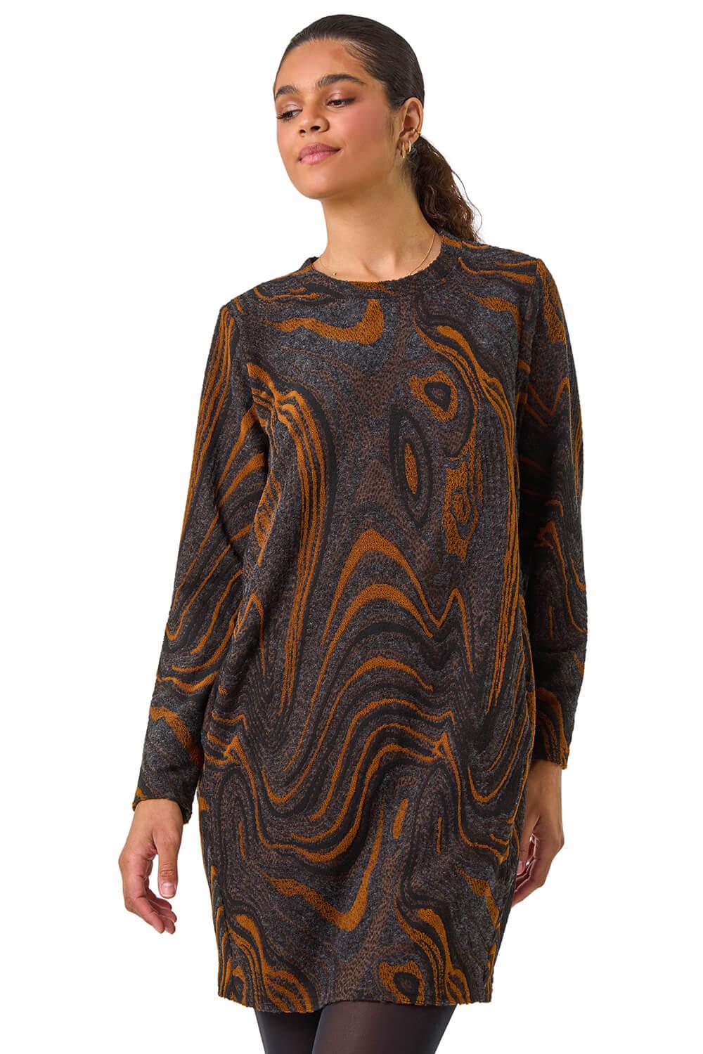Roman Textured Swirl Pattern Stretch Cocoon Dress in Brown