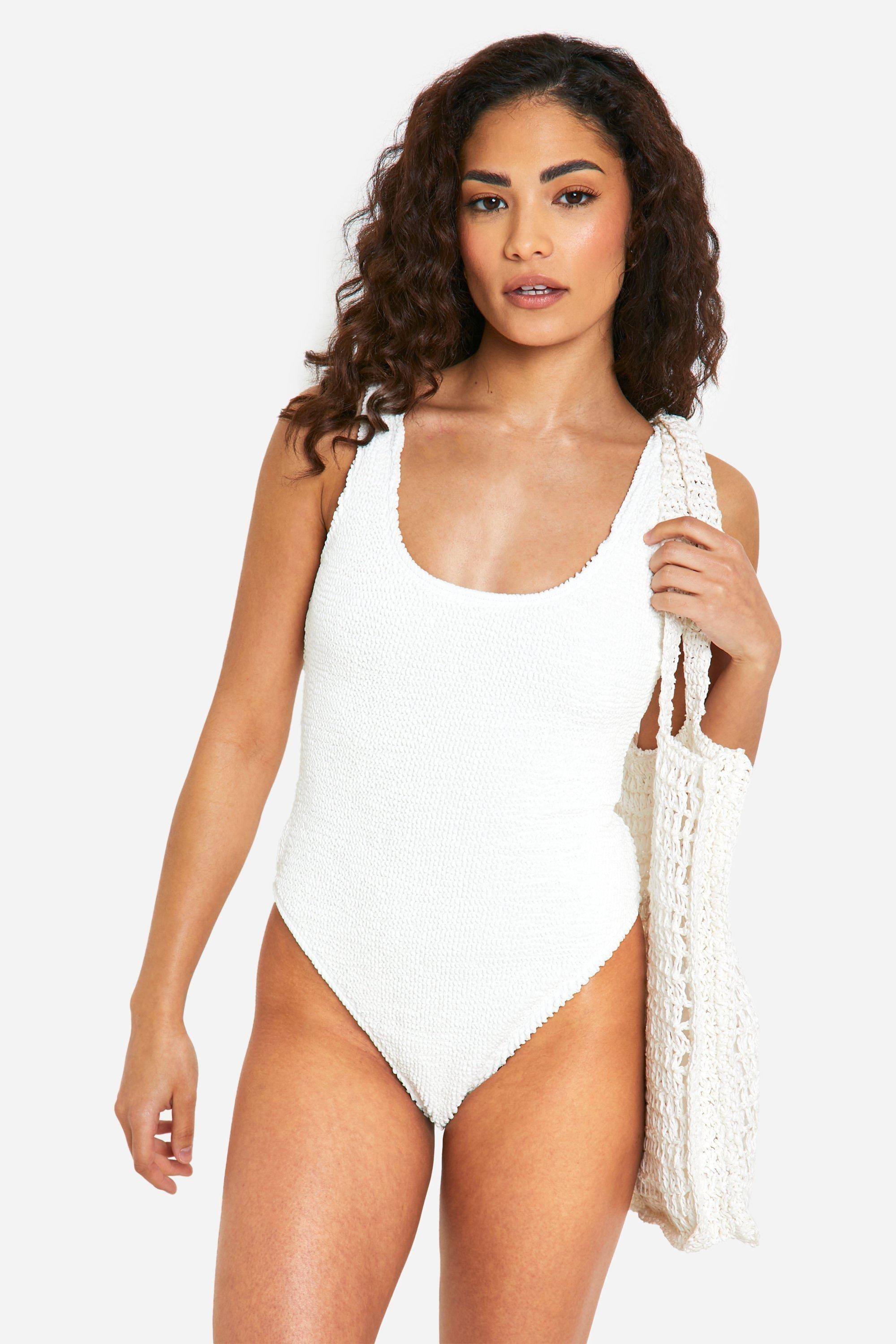 Boohoo Petite Premium Crinkle Scoop Neck Swimsuit in White Lyst UK