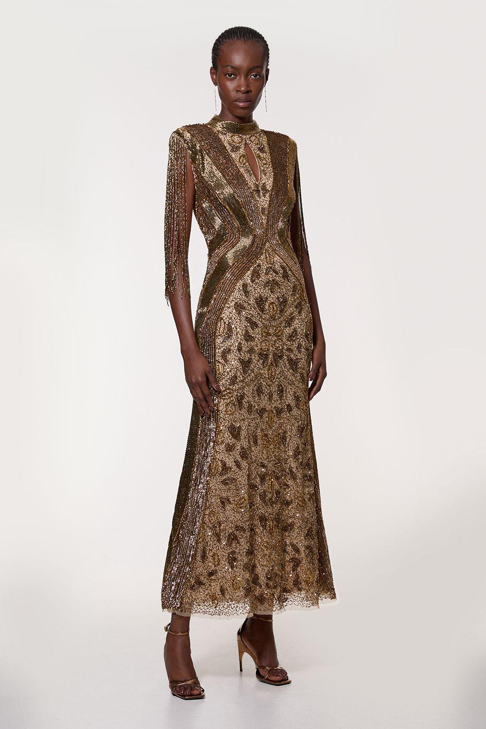 Karen Millen Petite Embellished Beaded Cap Sleeve Woven Maxi Dress